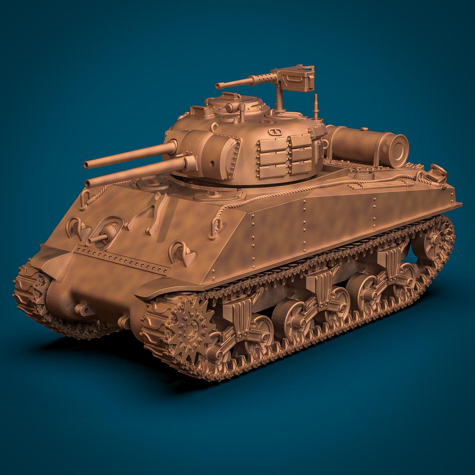 M4A3R3 Sherman Zippo tank miniature featuring detailed WWII US flamethrower tank design, twin barrels, armored turret, realistic tracks, and surface panel details. Resin military model for tabletop wargaming, dioramas, and collectors.