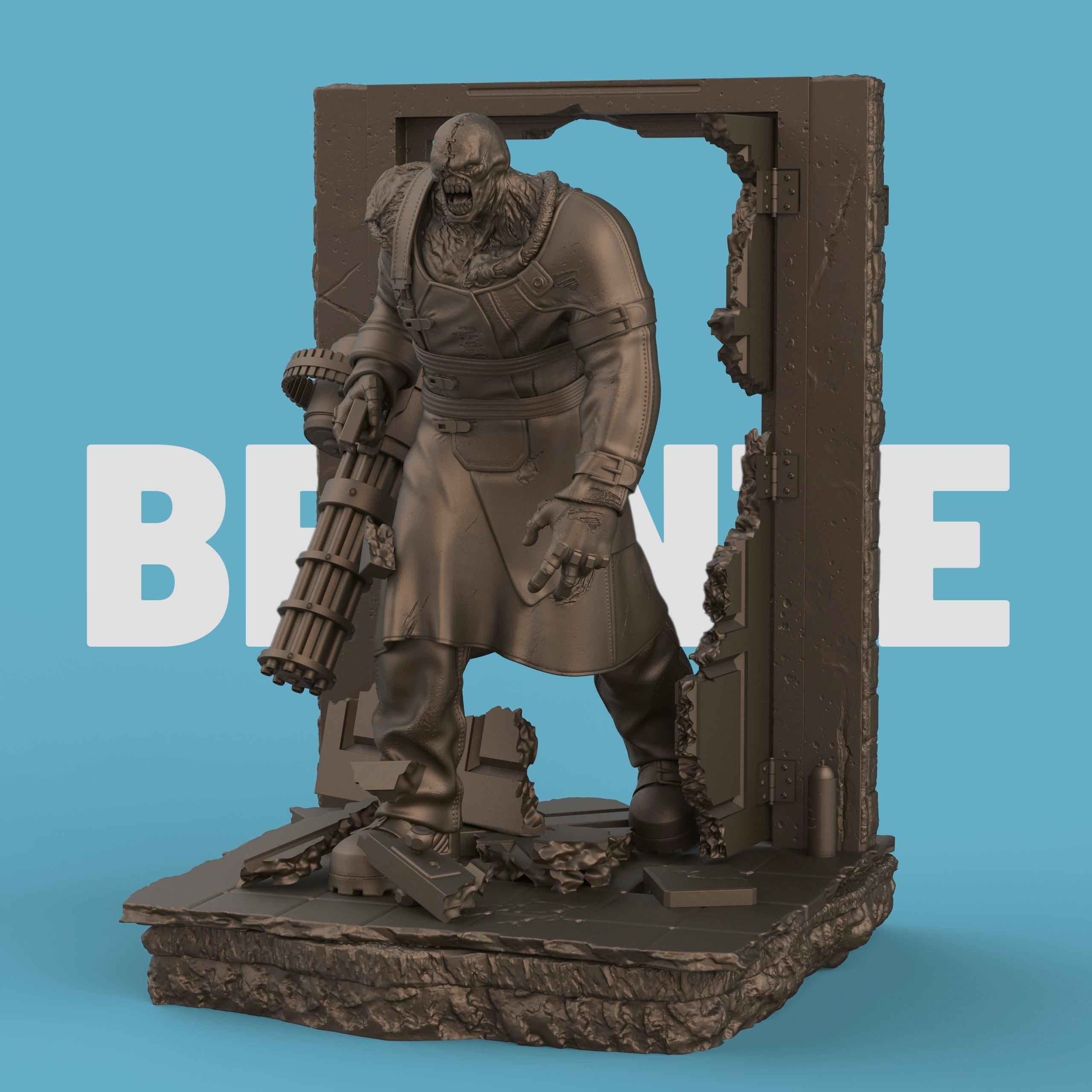 A figurine depicting Nemesis of the Dead, featuring a monstrous humanoid character with exposed, veined shoulders and a heavily scarred face. The figure stands menacingly inside a battered doorway, holding a large gatling gun and wearing a tattered black trench coat. The base shows broken debris and rubble, emphasizing a sense of destruction.