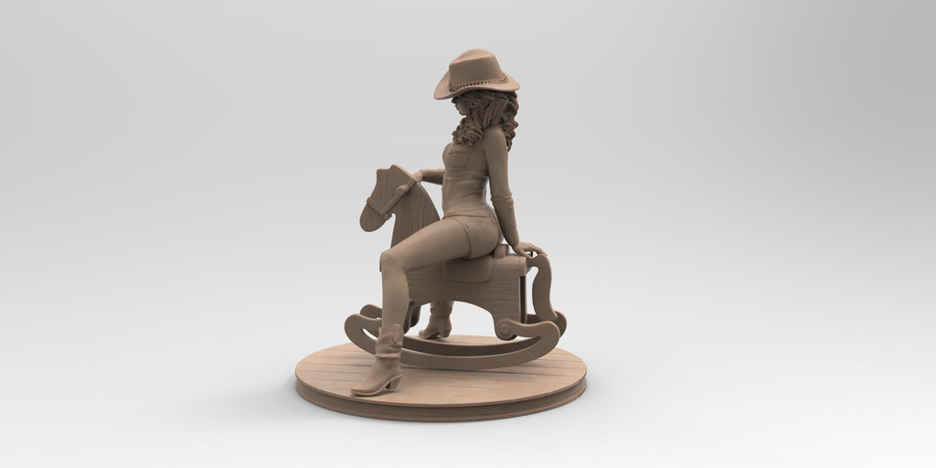 Antique wood-colored statue of a cowgirl wearing a hat and boots, riding a detailed rocking horse, posed on a circular wooden base with a rustic finish.