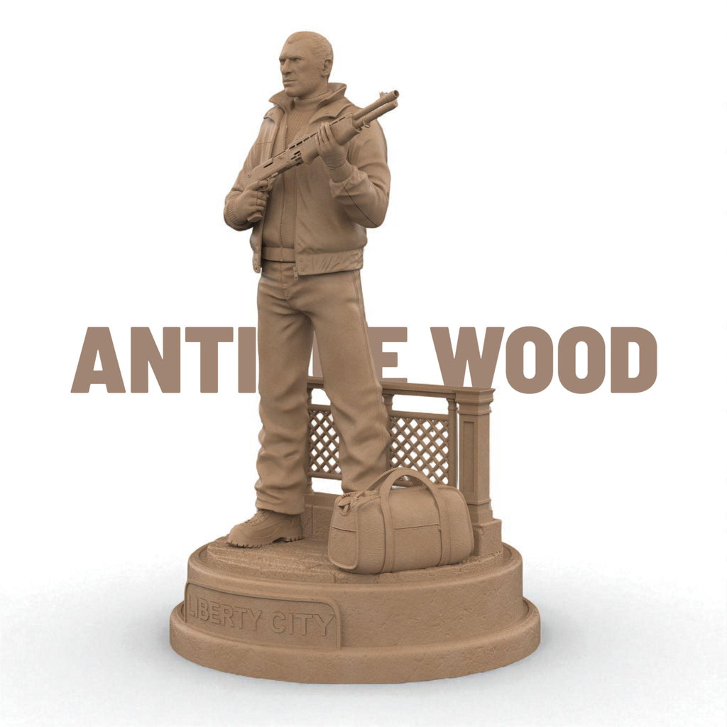 Highly detailed 3D-printed figurine of a rugged man holding a shotgun, standing confidently on a circular base marked with “Liberty City,” accompanied by a duffel bag and fence detail, perfect for collectors.