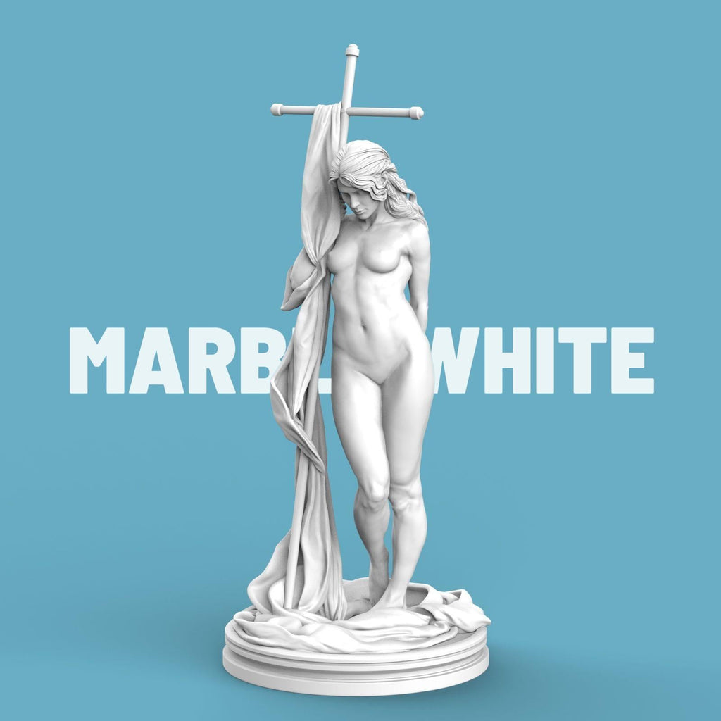 3D-printed Helga statue featuring a graceful nude female figure posed beside a large cross-draped cloth, standing on a textured circular base. Elegant and artistic collectible sculpture, ideal for home décor or display.