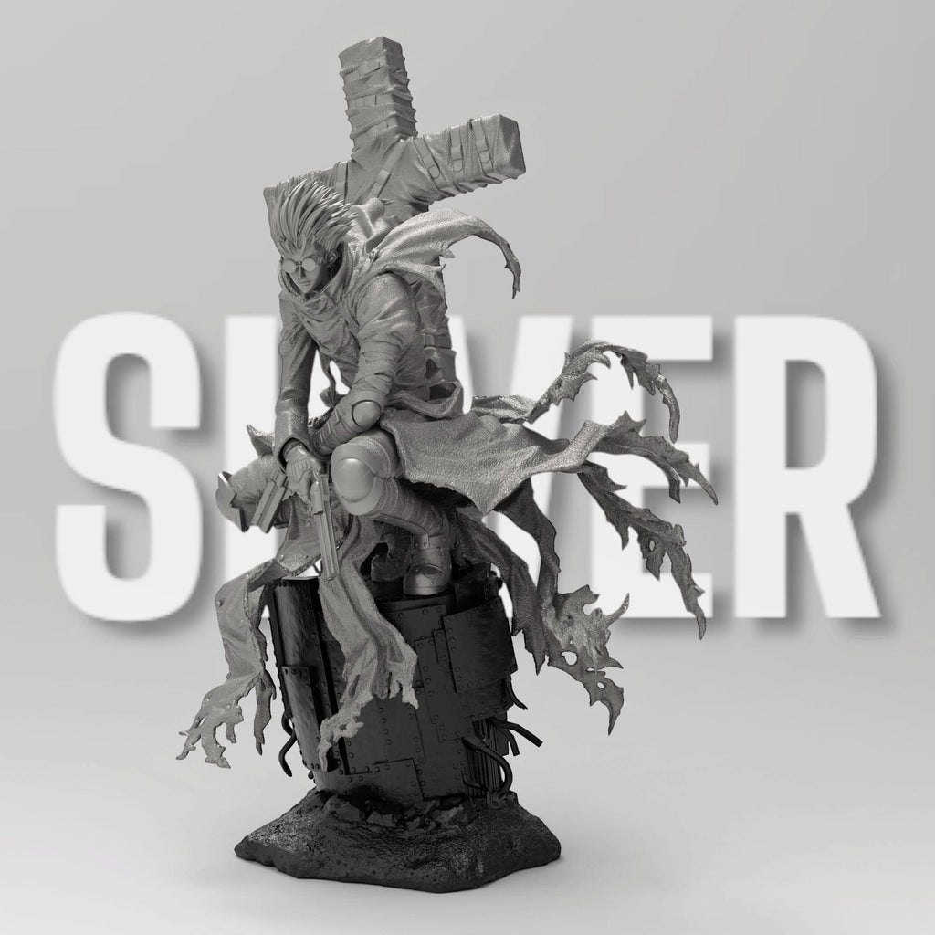 Vash the Stampede figure, posed on a weathered base with tattered red coat flowing. Holds dual revolvers, massive wrapped cross weapon on back. Inspired by Trigun, capturing his dynamic movement and signature look.
