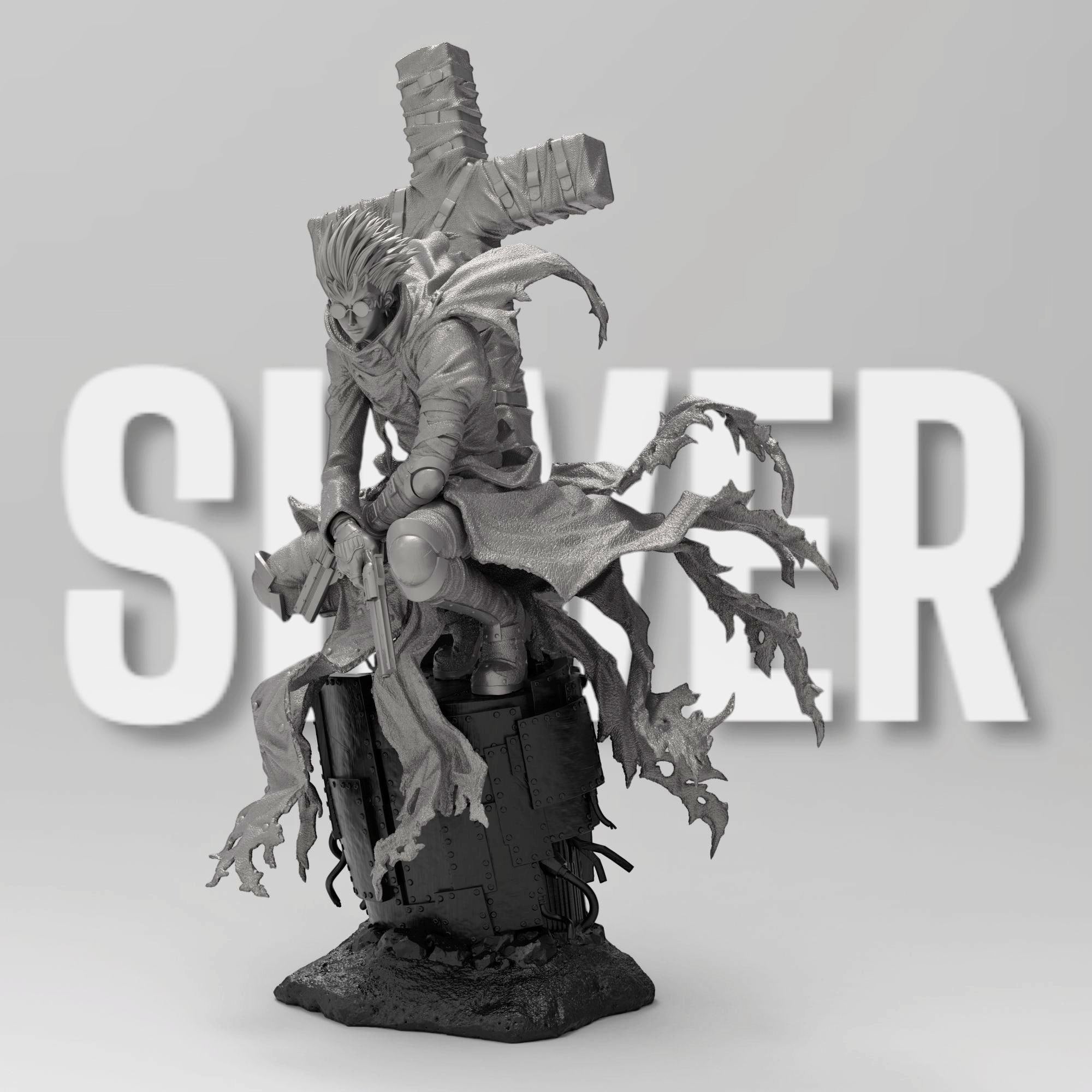 Vash the Stampede figure, posed on a weathered base with tattered red coat flowing. Holds dual revolvers, massive wrapped cross weapon on back. Inspired by Trigun, capturing his dynamic movement and signature look.