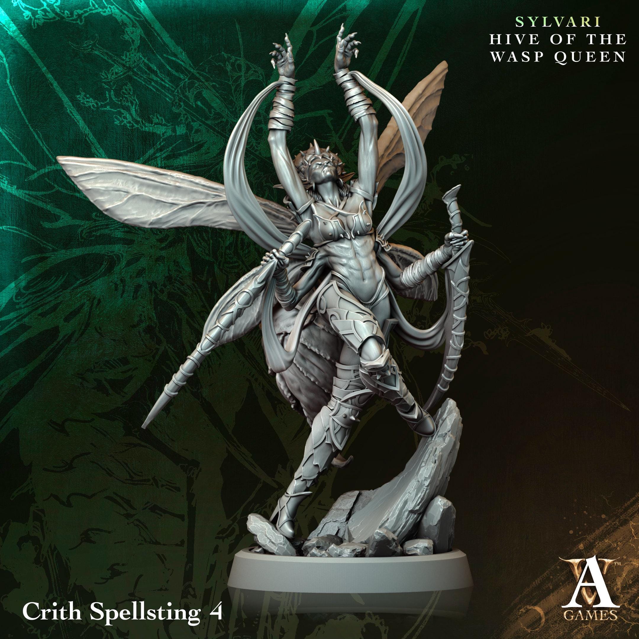 Commanding the swarm with elegance and menace, Crith Spellsting—the Wasp Queen’s deadly emissary—rises in a powerful stance. Adorned in spiked armor and wielding a jagged staff, she embodies the deadly grace of the Sylvari. Perfect for collectors and fantasy lovers, this 3D-printed sculpture captures her in full battle-ready glory, with two variant poses to showcase her sting.