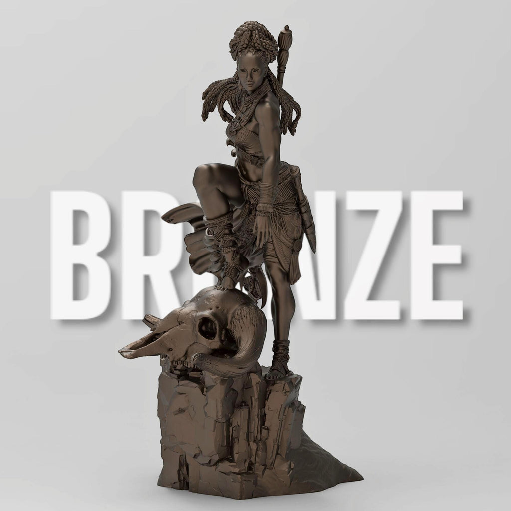 Elzebe, the Warrior Queen, stands atop a rocky skull, exuding strength and regality. Clad in intricate armor, her braided hair flows as she surveys the battlefield. A fierce leader, she embodies resilience and power, a true queen of war and legend.