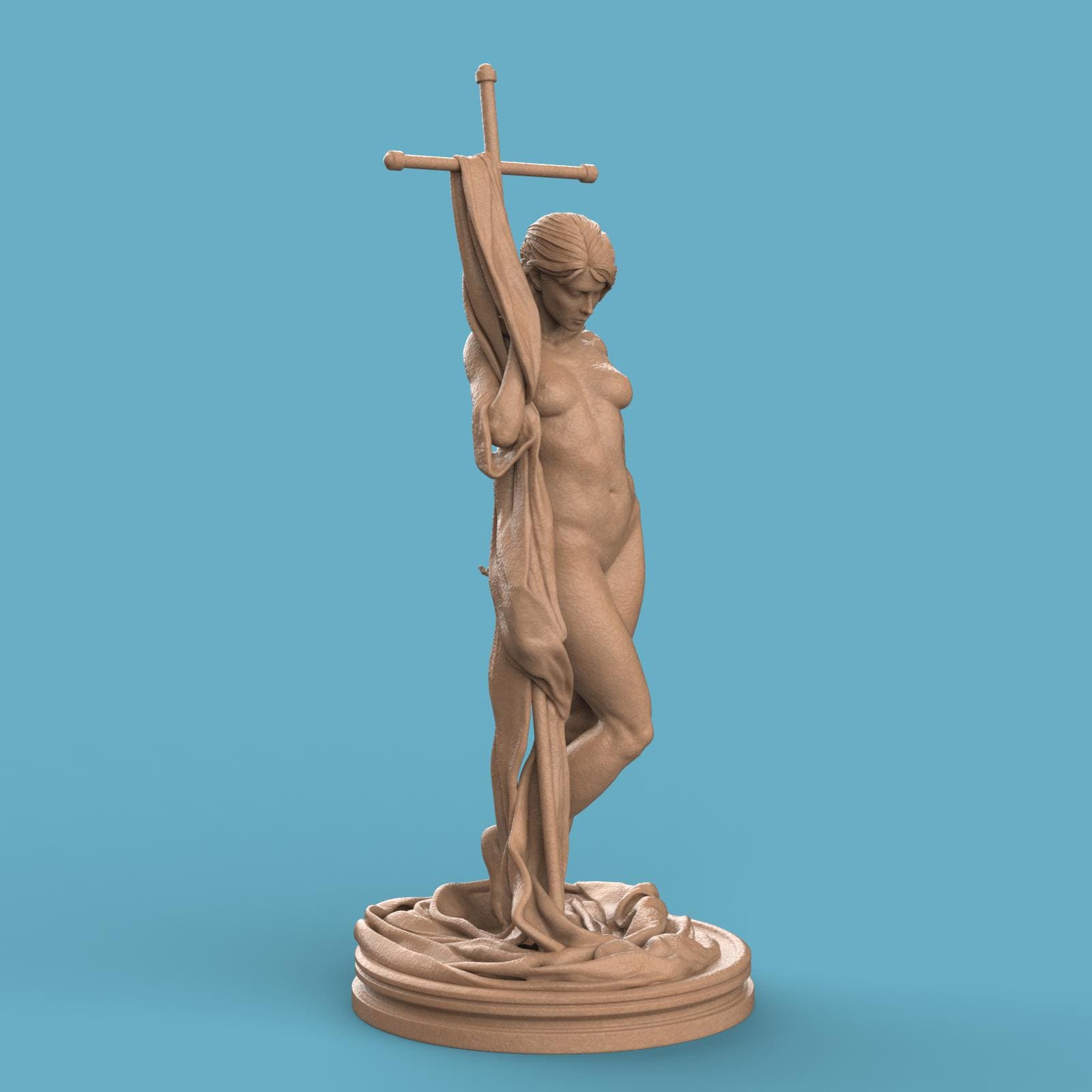 3D-printed Helga statue featuring a graceful nude female figure posed beside a large cross-draped cloth, standing on a textured circular base. Elegant and artistic collectible sculpture, ideal for home décor or display.