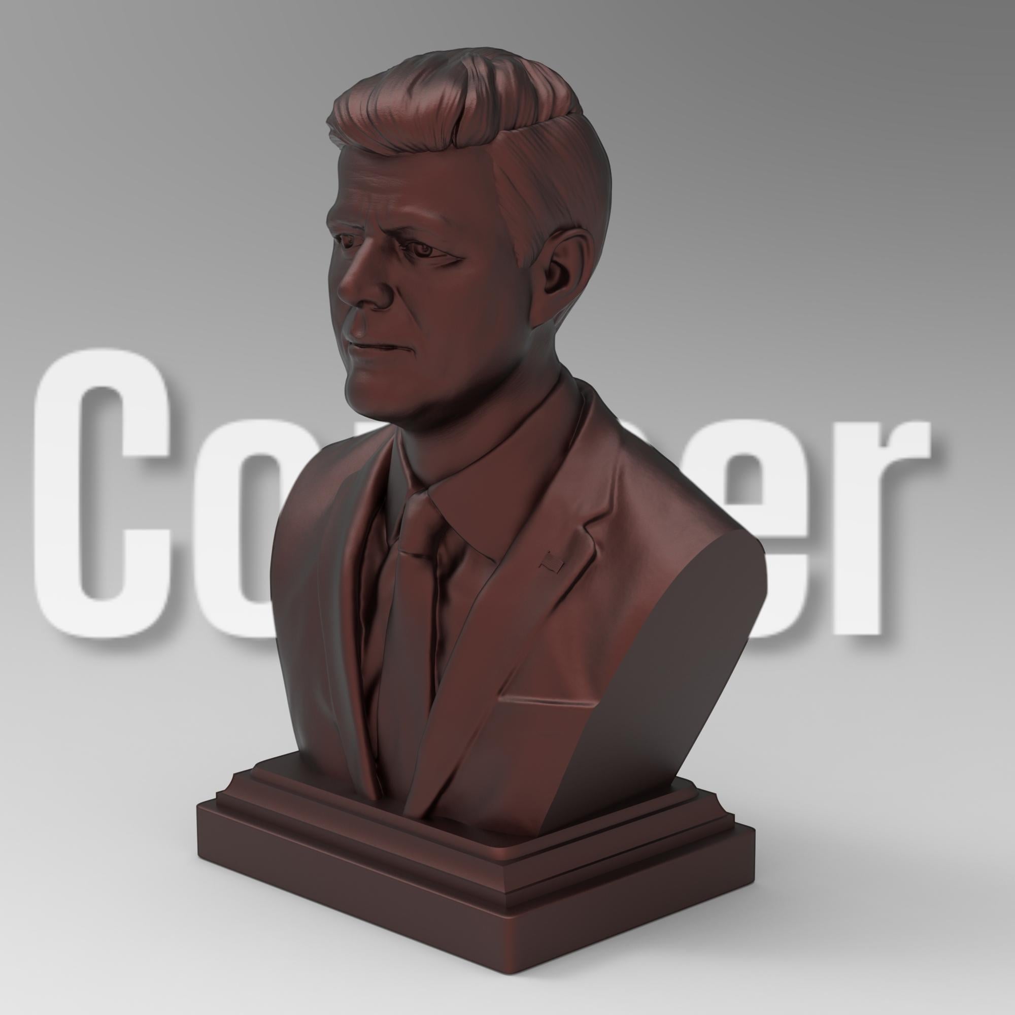 Detailed bust of John F. Kennedy, depicting the 35th U.S. president in a suit and tie with a serious, contemplative expression. The sculpture captures his distinctive hairstyle and strong features, mounted on a classic pedestal base.