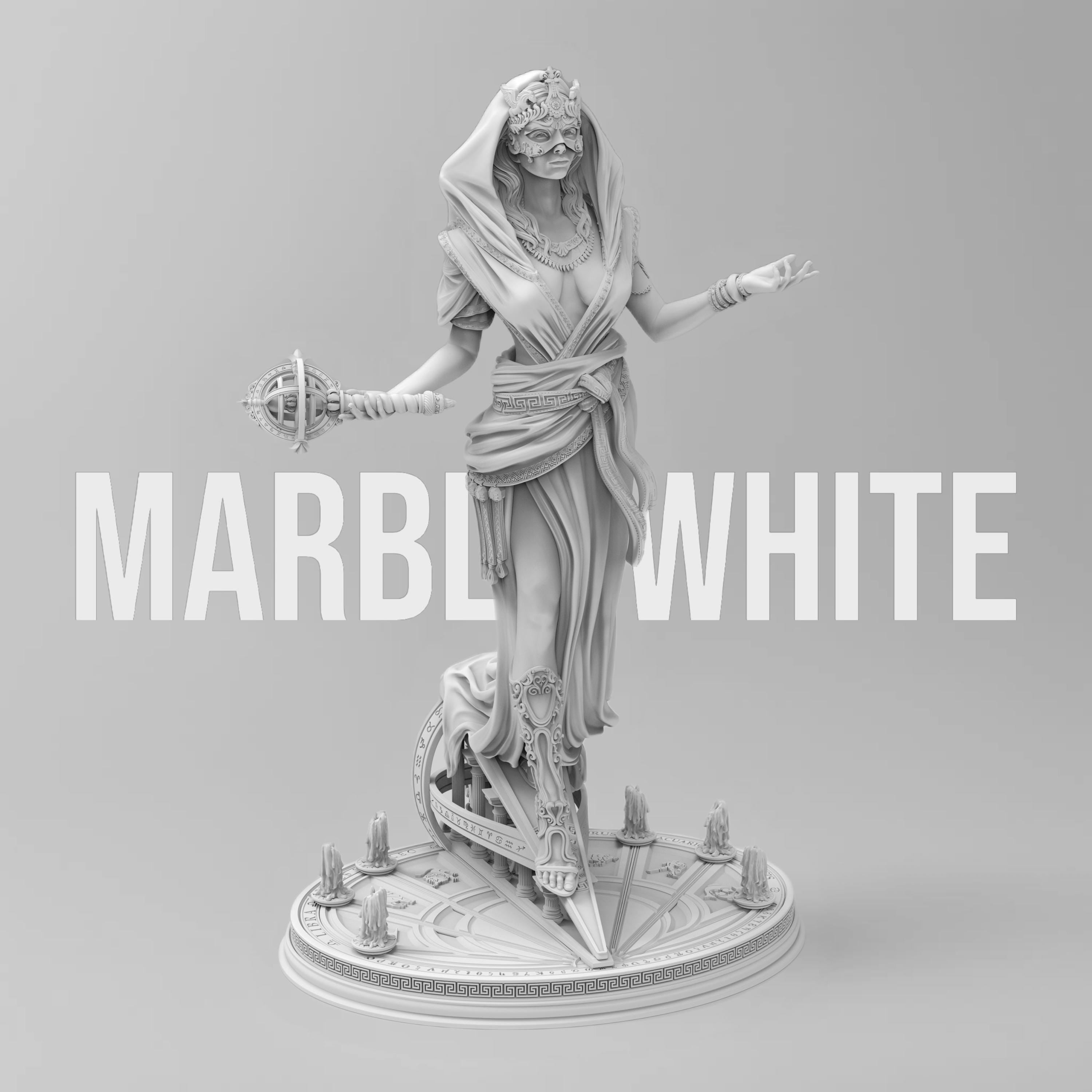 Elegant statue of Lakhesis, the Moirai. Draped in flowing robes with intricate details, a veiled face, and a majestic headdress. Symbolizing the measurer of fate, she stands with a poised and mystical presence.