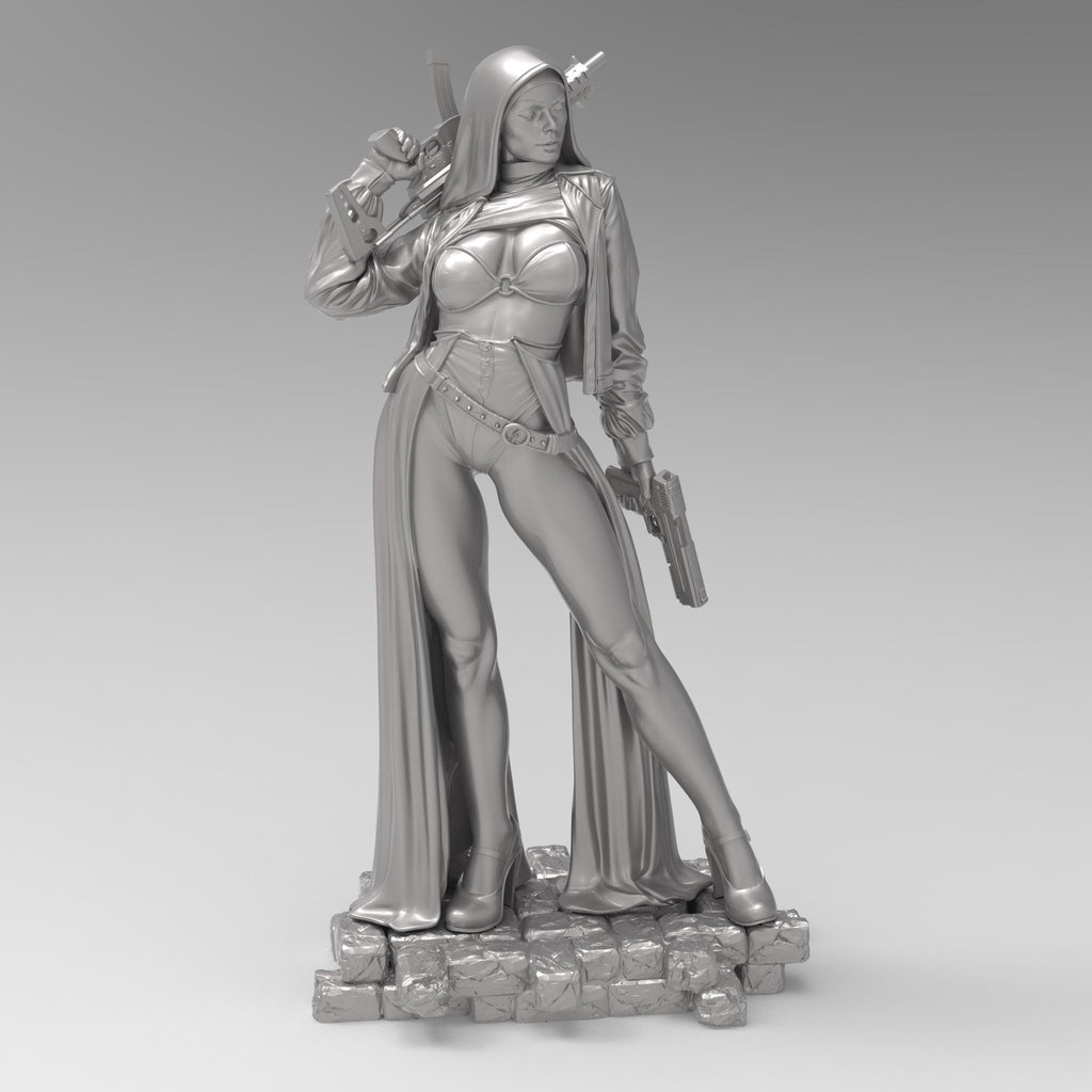 Armed and divine, the Nun with Gun stands tall with tactical heels, hooded cloak, and dual firepower. A bold blend of holiness and havoc—equal parts protector and punisher. Perfect for collectors who like their saints with a side of firepower.