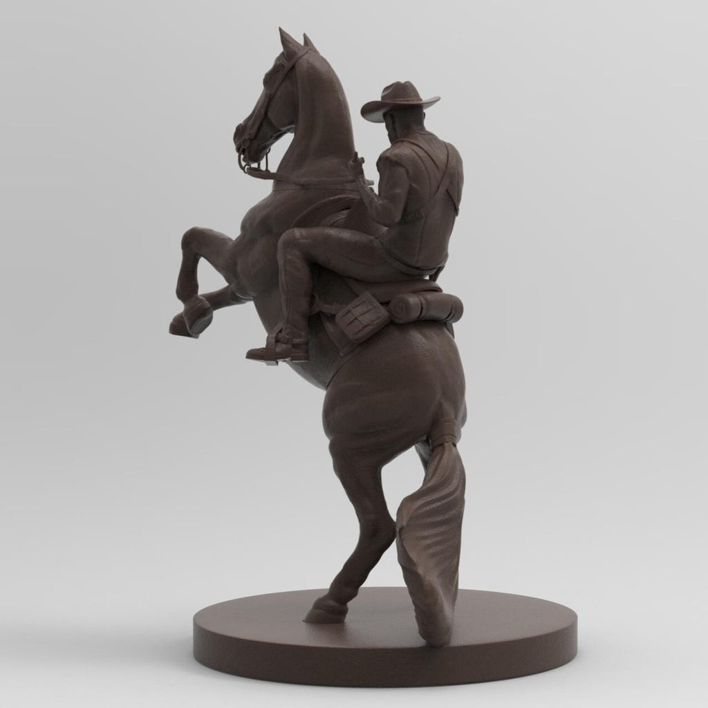 Antique wood-colored statue of The Wild West Cowboy, mounted on a rearing horse, holding a rifle, with intricate details on the base inscribed &#39;Red Dead Redemption.