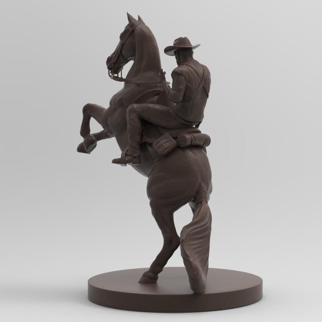 Antique wood-colored statue of The Wild West Cowboy, mounted on a rearing horse, holding a rifle, with intricate details on the base inscribed &#39;Red Dead Redemption.