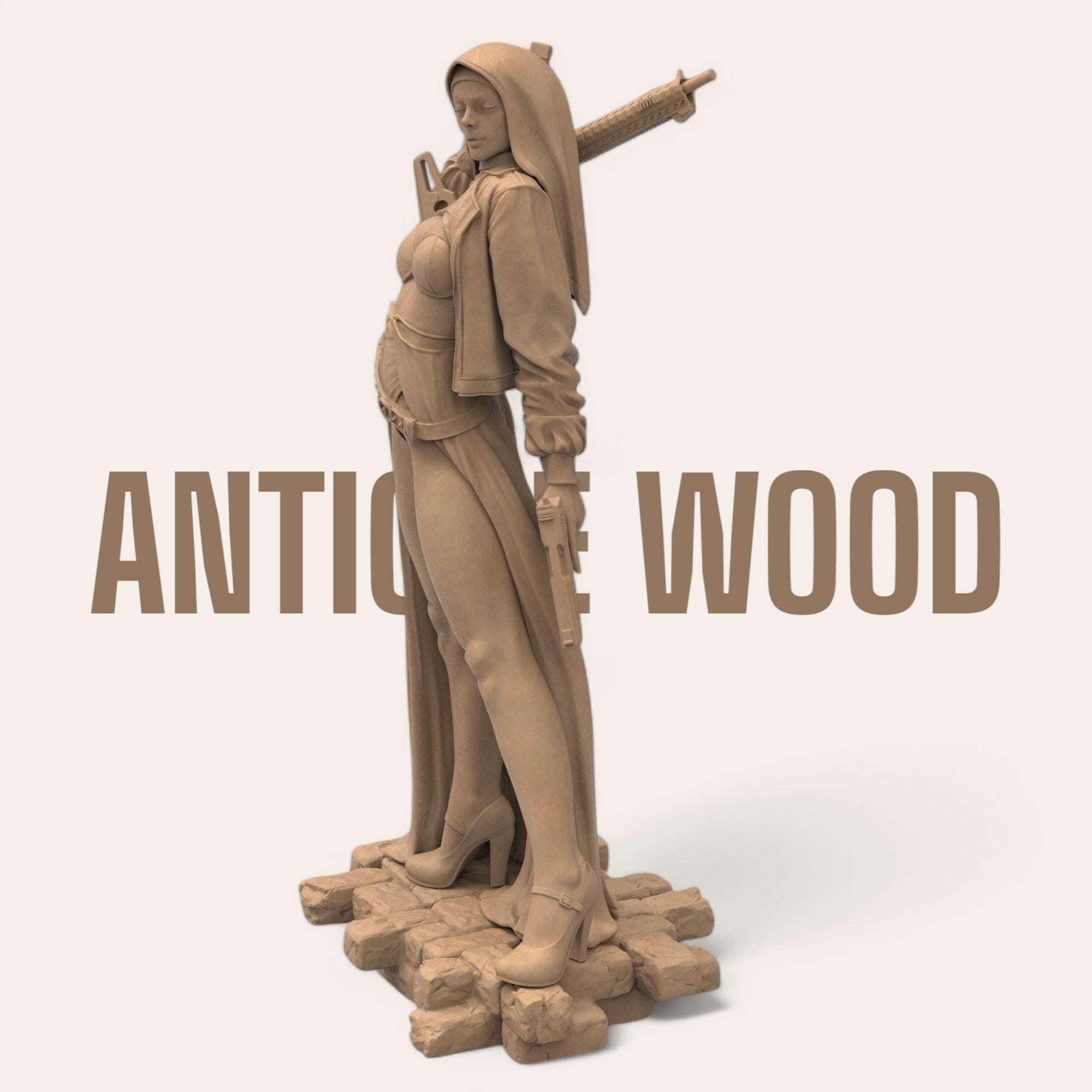 Armed and divine, the Nun with Gun stands tall with tactical heels, hooded cloak, and dual firepower. A bold blend of holiness and havoc—equal parts protector and punisher. Perfect for collectors who like their saints with a side of firepower.