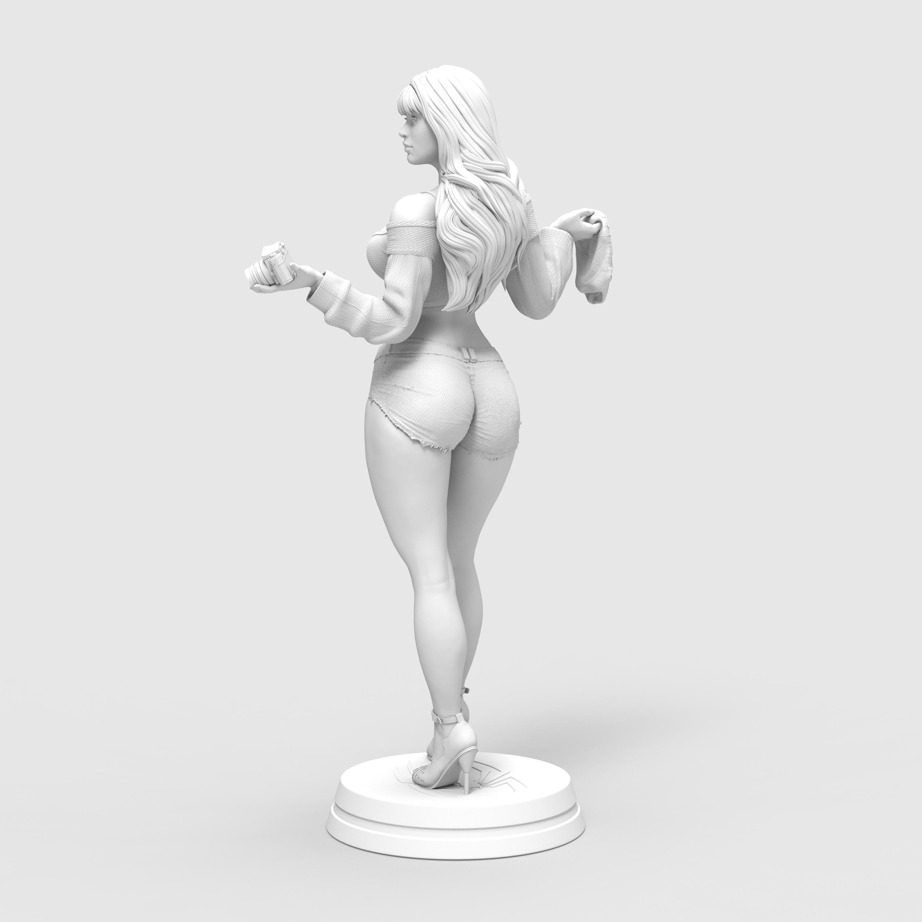 Stylized 3D-printed figurine of Mary Jane in a confident pose, holding a camera in one hand and a cloth in the other. She is dressed in a cropped sweater and short shorts, with long flowing hair and high heels. Available in bronze, gold, and silver finishes, the sculpture showcases fine detail and a modern, fashionable aesthetic.