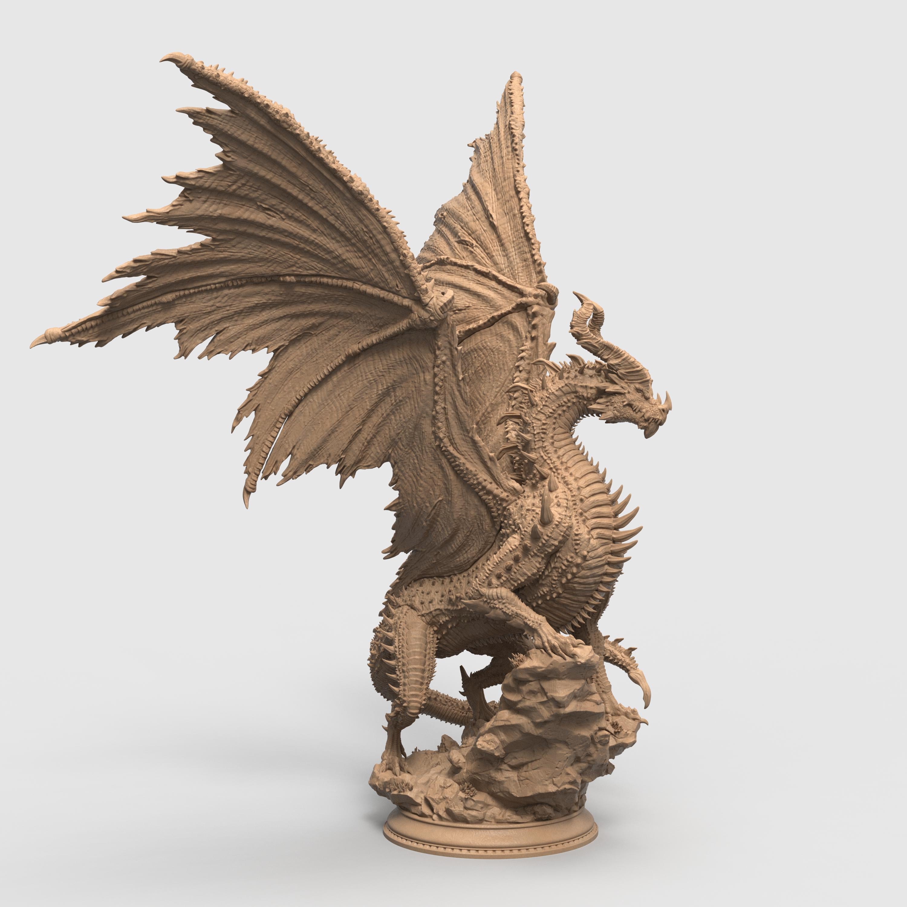 Highly detailed 3D-printed miniature of a Black Ancient Dragon perched atop jagged rocky terrain. The dragon features menacing horns, sharp spines along its body, and expansive, tattered wings spread wide in a dominant pose. Sculpted with fine textures, including intricate scales and a fierce, snarling expression.
