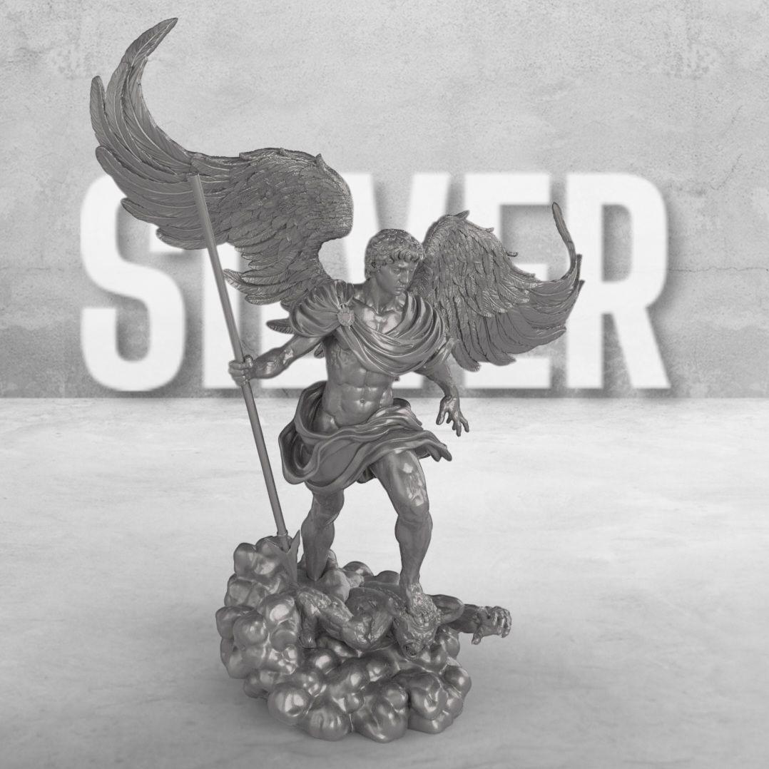 Statue of Archangel with large wings, standing over a defeated demon. Holding a spear, he wears a flowing robe. The base has swirling clouds, symbolizing divinity. Available in multiple finishes.