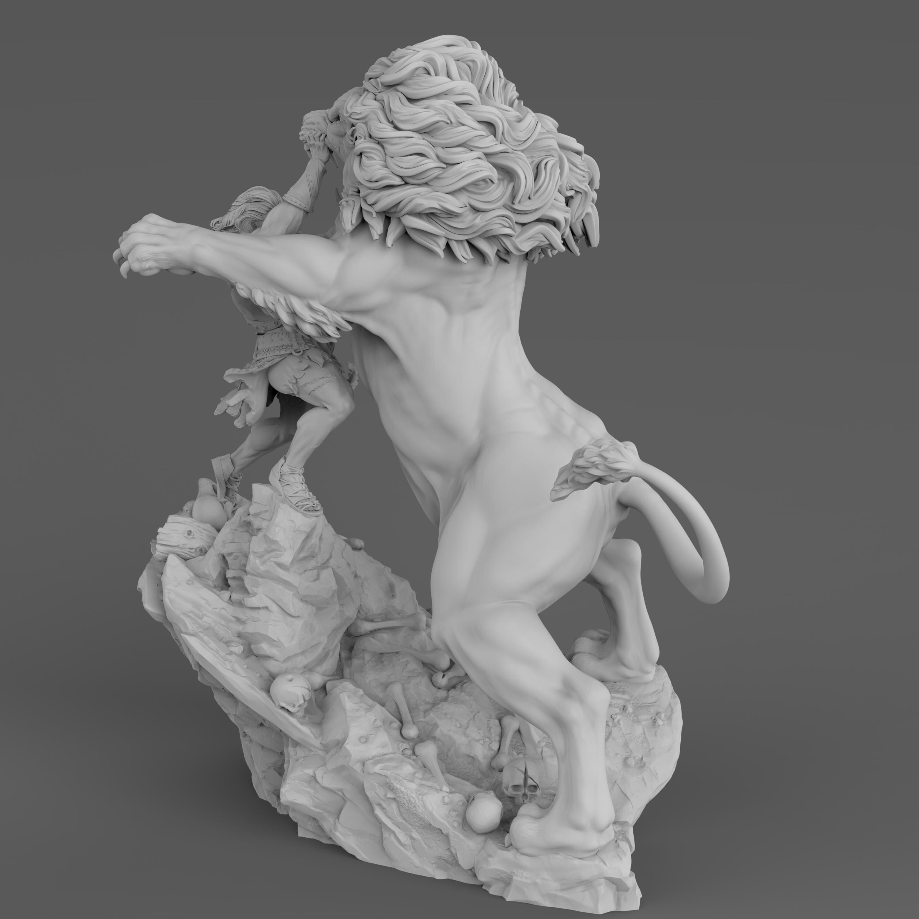 A sculpture of Heracles wrestling the Nemean Lion. The muscular hero grips the lion’s jaw, showcasing his strength. The beast’s mane is intricately detailed, and the rocky base features skulls. A dynamic and intense mythological scene.