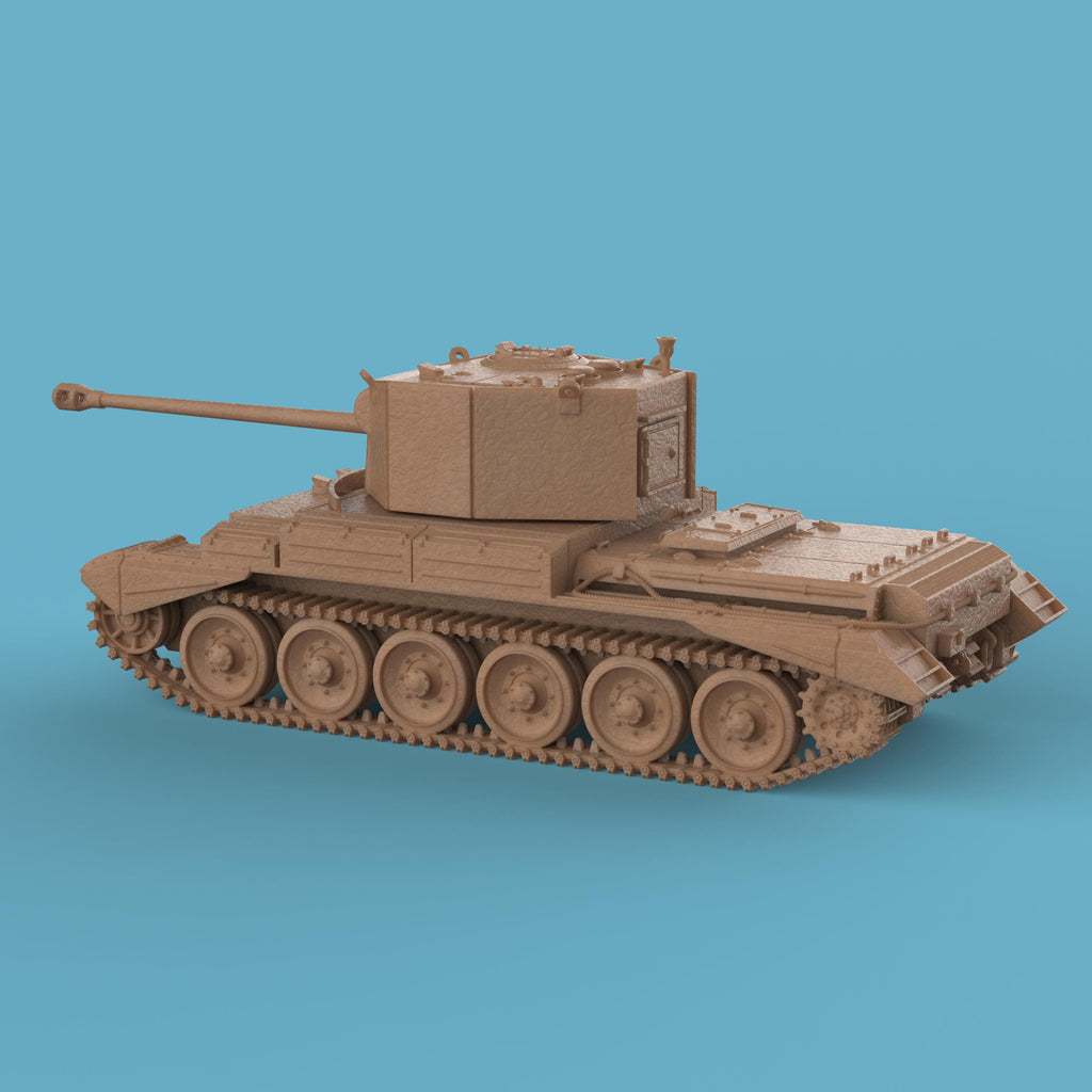 A tabletop miniature model of the A30 Challenger Tank, featuring a detailed turret with a long barrel, six large road wheels on each side, and distinct track and hull details. The model has a textured finish, resembling a scaled-down, resin-cast military tank displayed against a plain blue background.