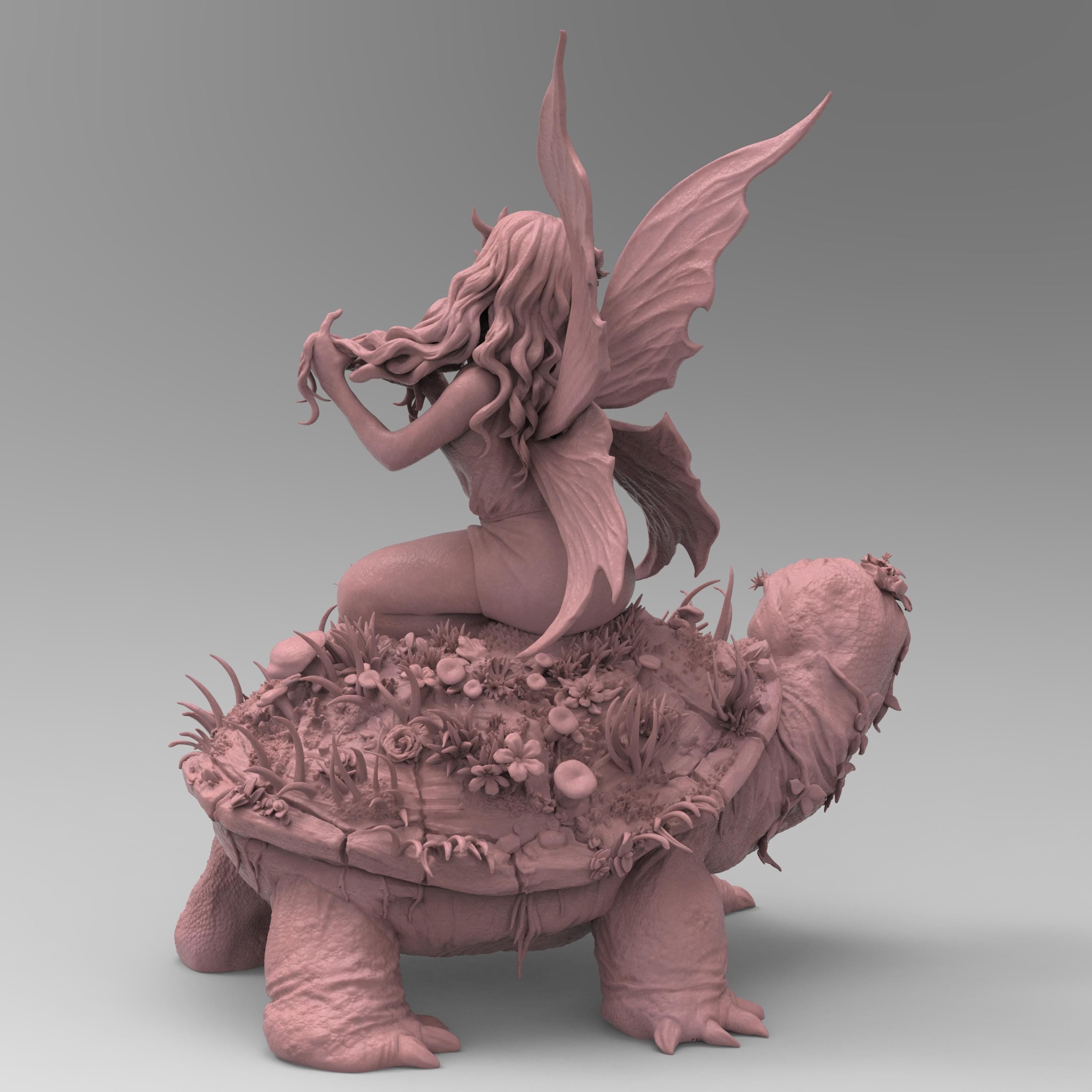 A delicate fairy with flowing hair and floral accessories sits atop a large turtle covered in lush vegetation. She gracefully plays with her hair, her translucent wings extending behind her. The turtle&#39;s wise expression adds to the enchanting scene.