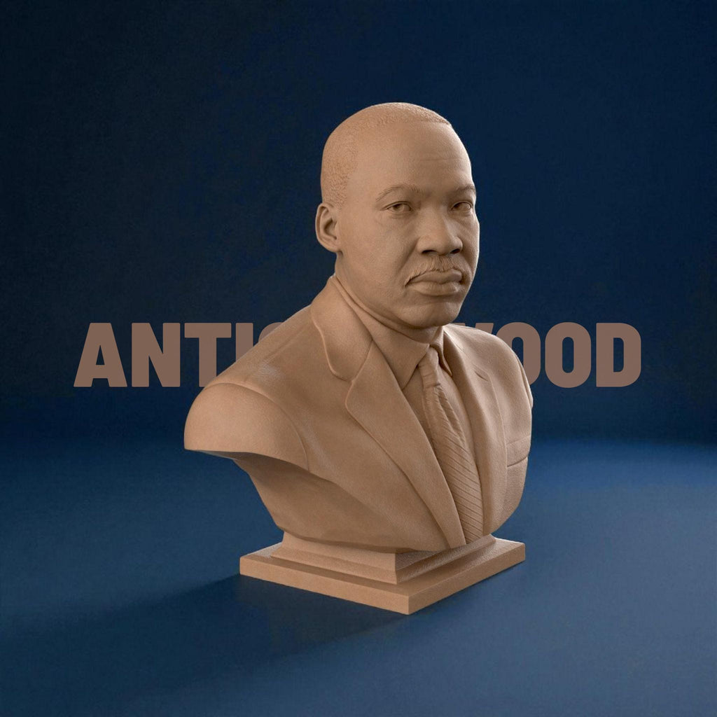3D-printed bust of Martin Luther King Jr. in a suit and tie, capturing his determined expression with fine detailing, ideal for collectors, tributes, or display décor.