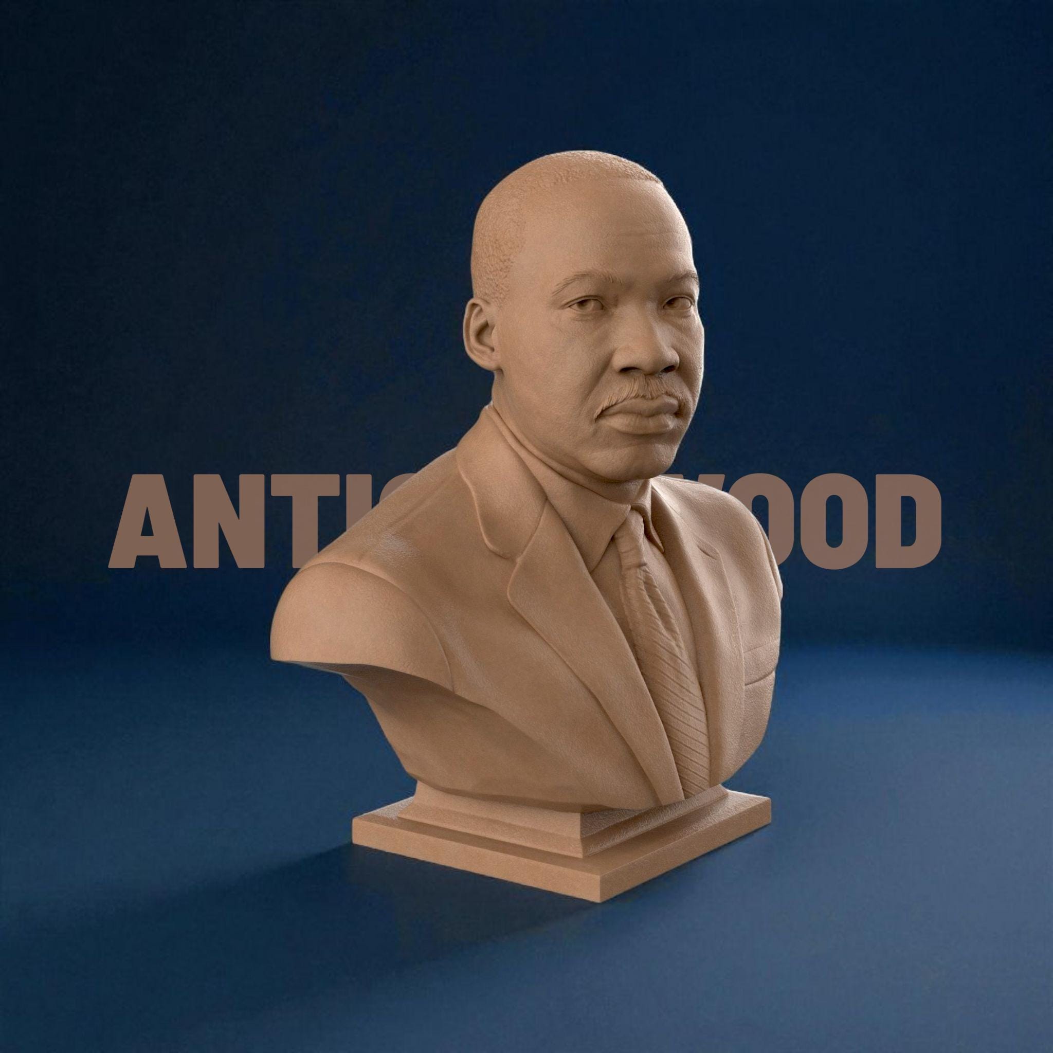 3D-printed bust of Martin Luther King Jr. in a suit and tie, capturing his determined expression with fine detailing, ideal for collectors, tributes, or display décor.