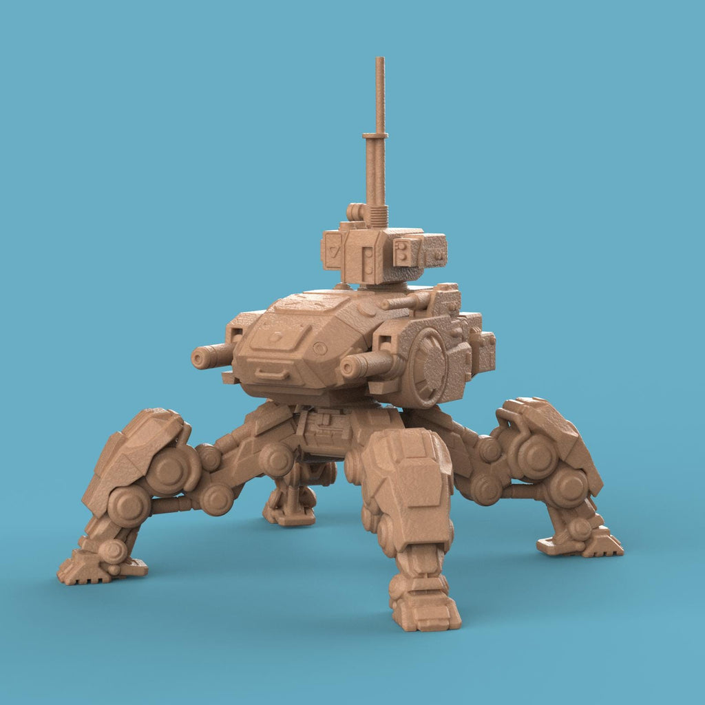 3D-printed Jabal Mech Assault Walker featuring four armored legs, heavy cannons, and radar unit. A detailed futuristic war machine miniature, perfect for tabletop gaming, collectors, and display.