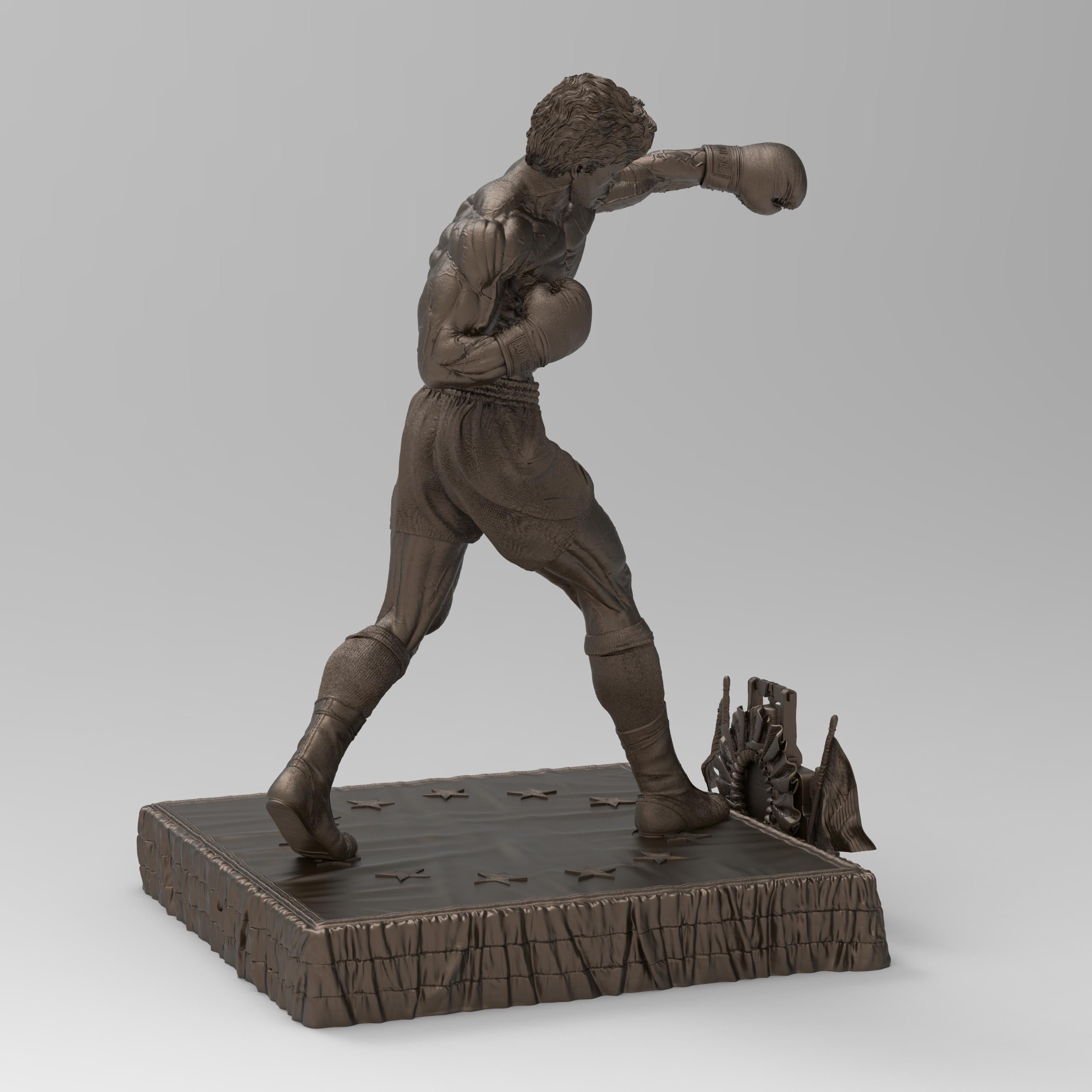 Rocky Balboa statuette capturing the iconic boxer in a powerful fighting stance. Features sculpted muscles, boxing gloves, and a detailed base with championship elements, embodying determination and resilience.