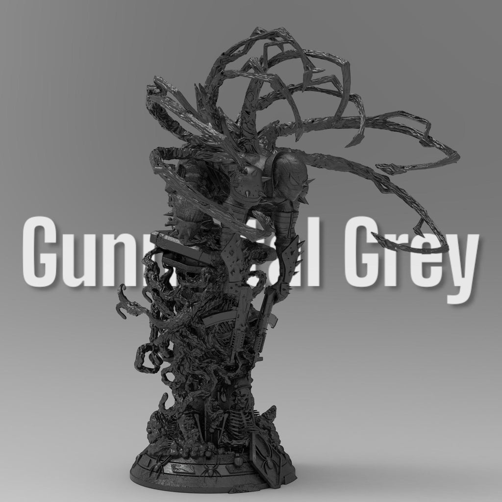 A detailed statue of Venom Agent, posed menacingly atop a chaotic, textured base filled with weaponry and skeletal remains. The figure is covered in spiked armor, with tendrils extending from the back, creating a dynamic and powerful stance.