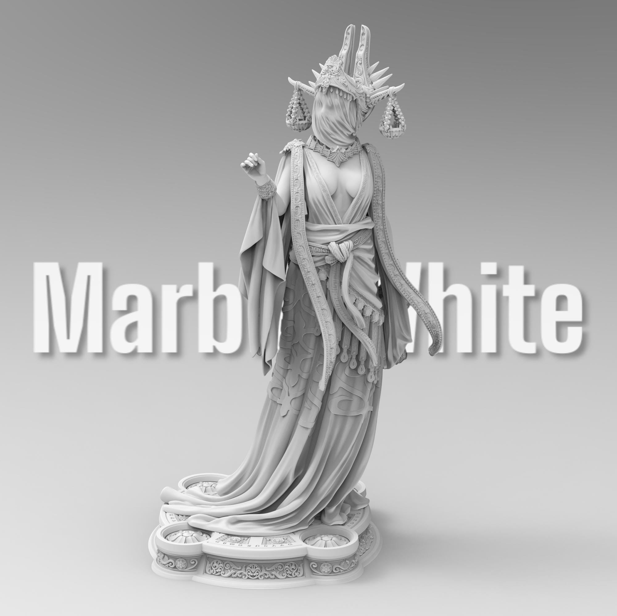 Highly detailed 3D-printed statue of Atropos the Moirai. Depicted in a flowing robe with intricate gold detailing, a veiled face, and an elaborate headdress featuring hanging scales. A stunning display of divine elegance and fate’s embodiment.