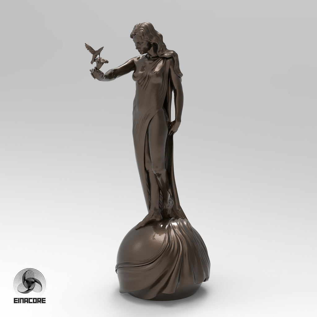 Statue of Eirene, the Goddess of Peace, featuring a serene woman with flowing hair, holding a dove. She stands gracefully on a spherical base, symbolizing harmony and balance.