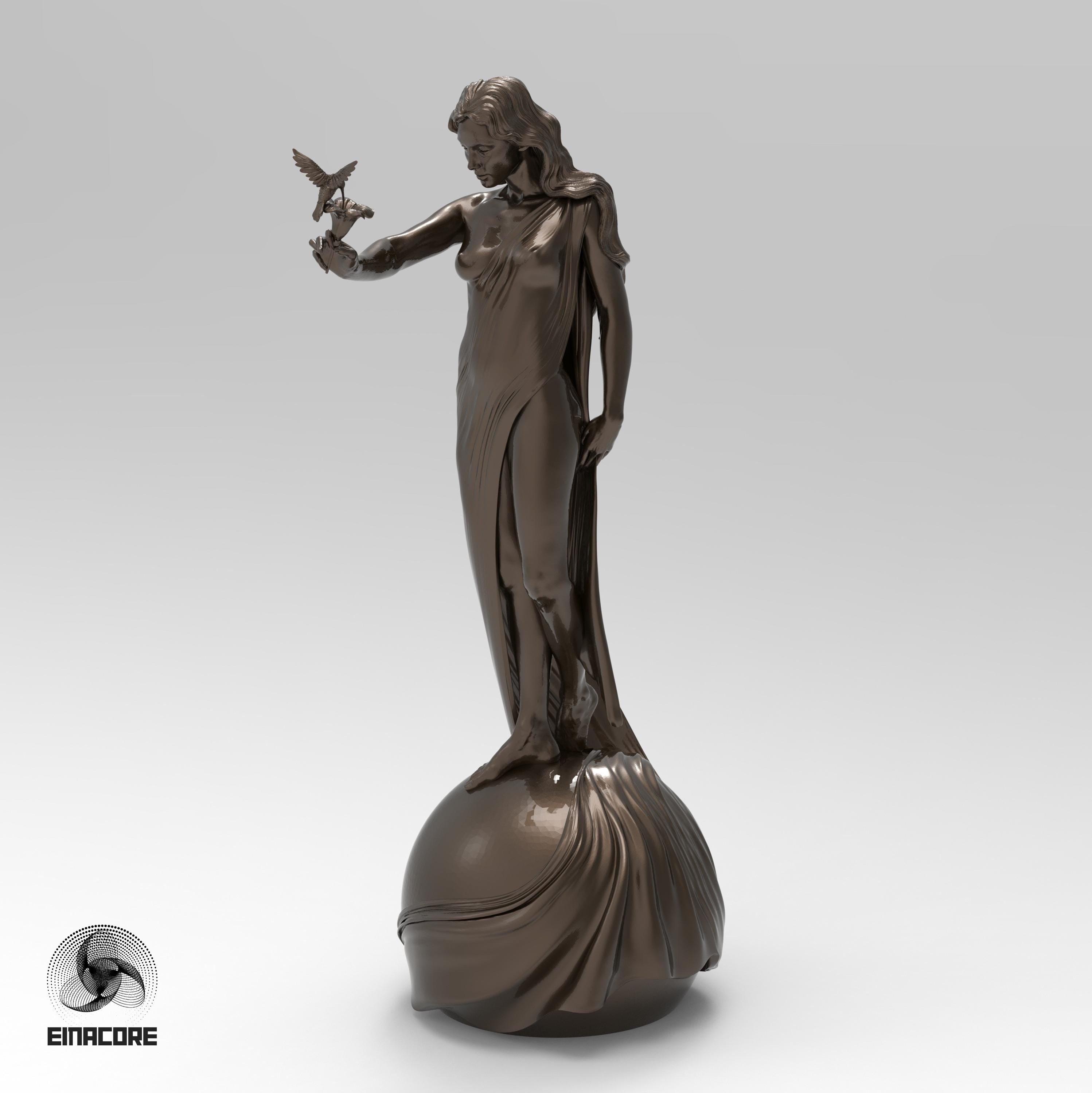 Statue of Eirene, the Goddess of Peace, featuring a serene woman with flowing hair, holding a dove. She stands gracefully on a spherical base, symbolizing harmony and balance.