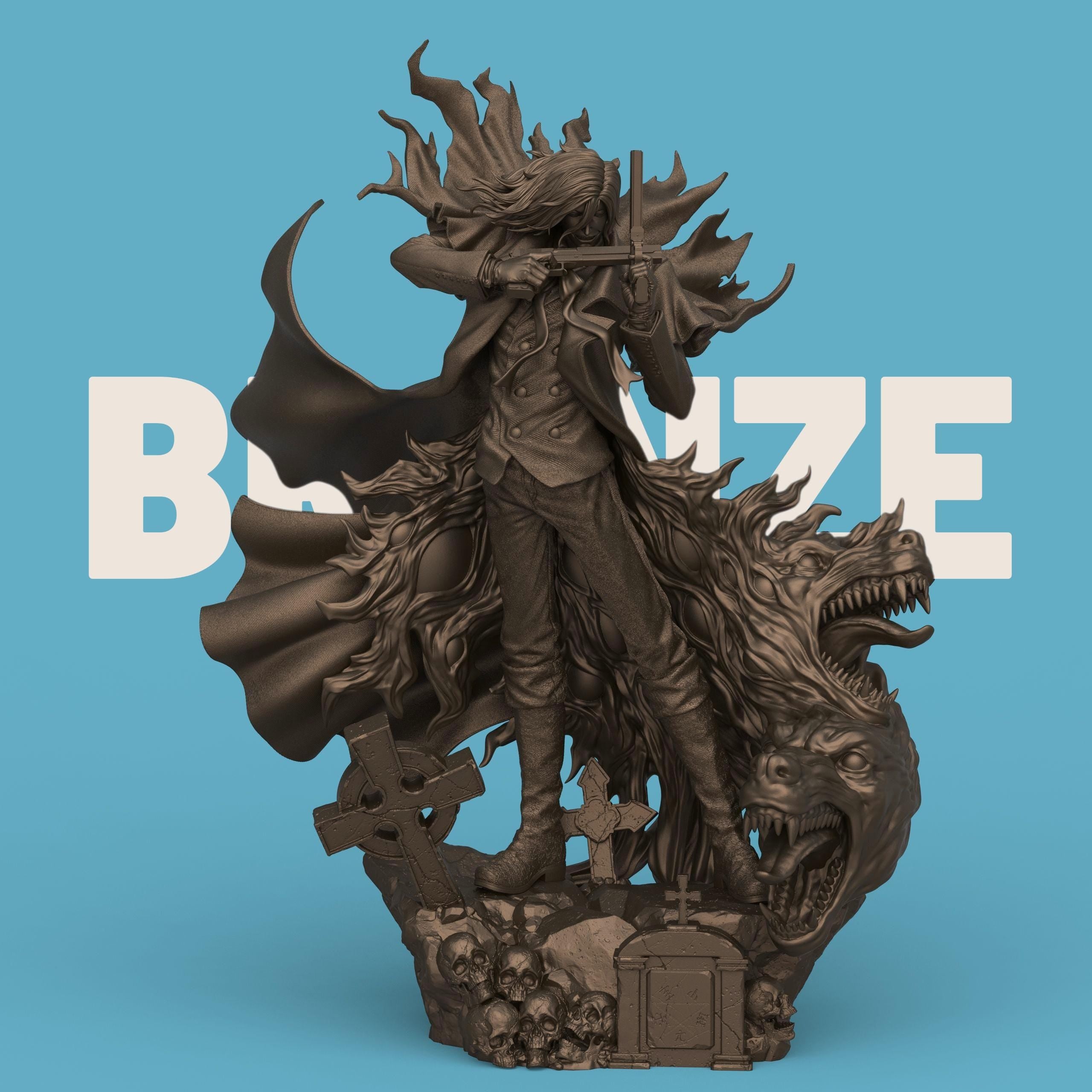 Highly detailed 3D-printed Alucard figurine, depicting a dark, vampire-like warrior in a red coat wielding dual pistols. The figure stands atop a gothic base adorned with skulls and gravestones, surrounded by swirling red demonic energy and snarling beast heads, capturing a dramatic and supernatural atmosphere.