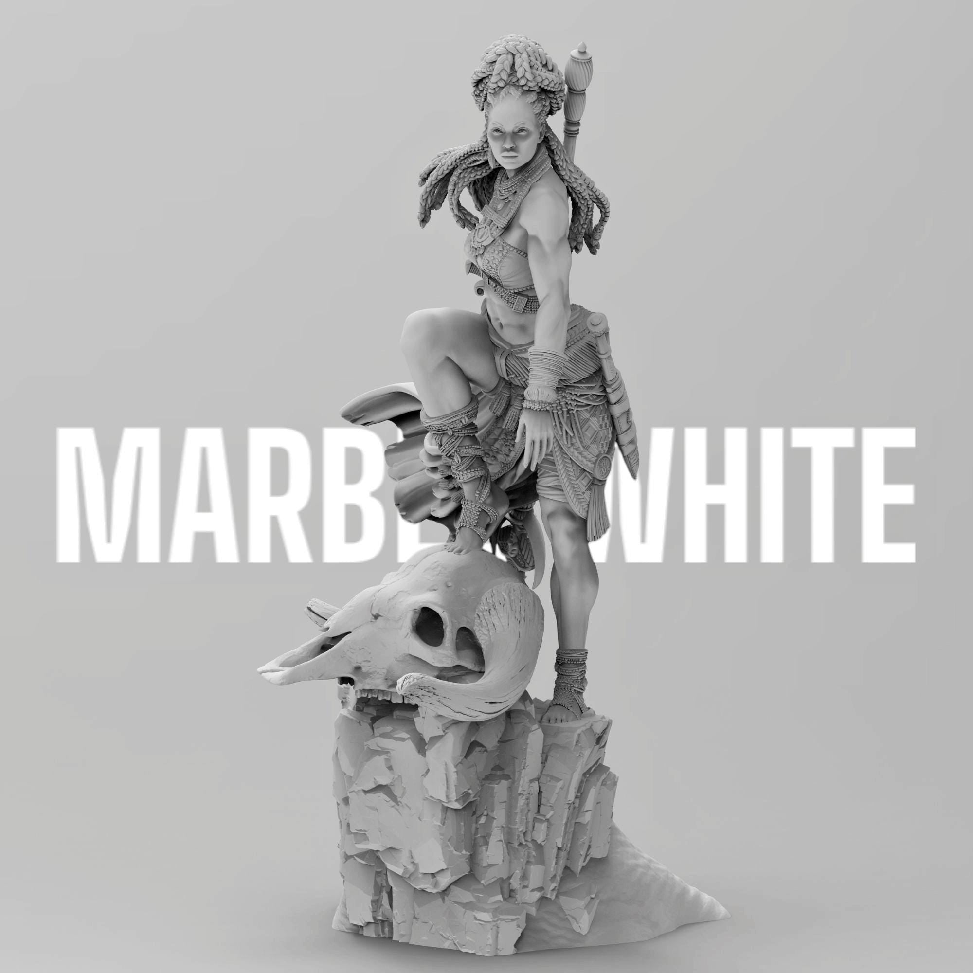 Elzebe, the Warrior Queen, stands atop a rocky skull, exuding strength and regality. Clad in intricate armor, her braided hair flows as she surveys the battlefield. A fierce leader, she embodies resilience and power, a true queen of war and legend.