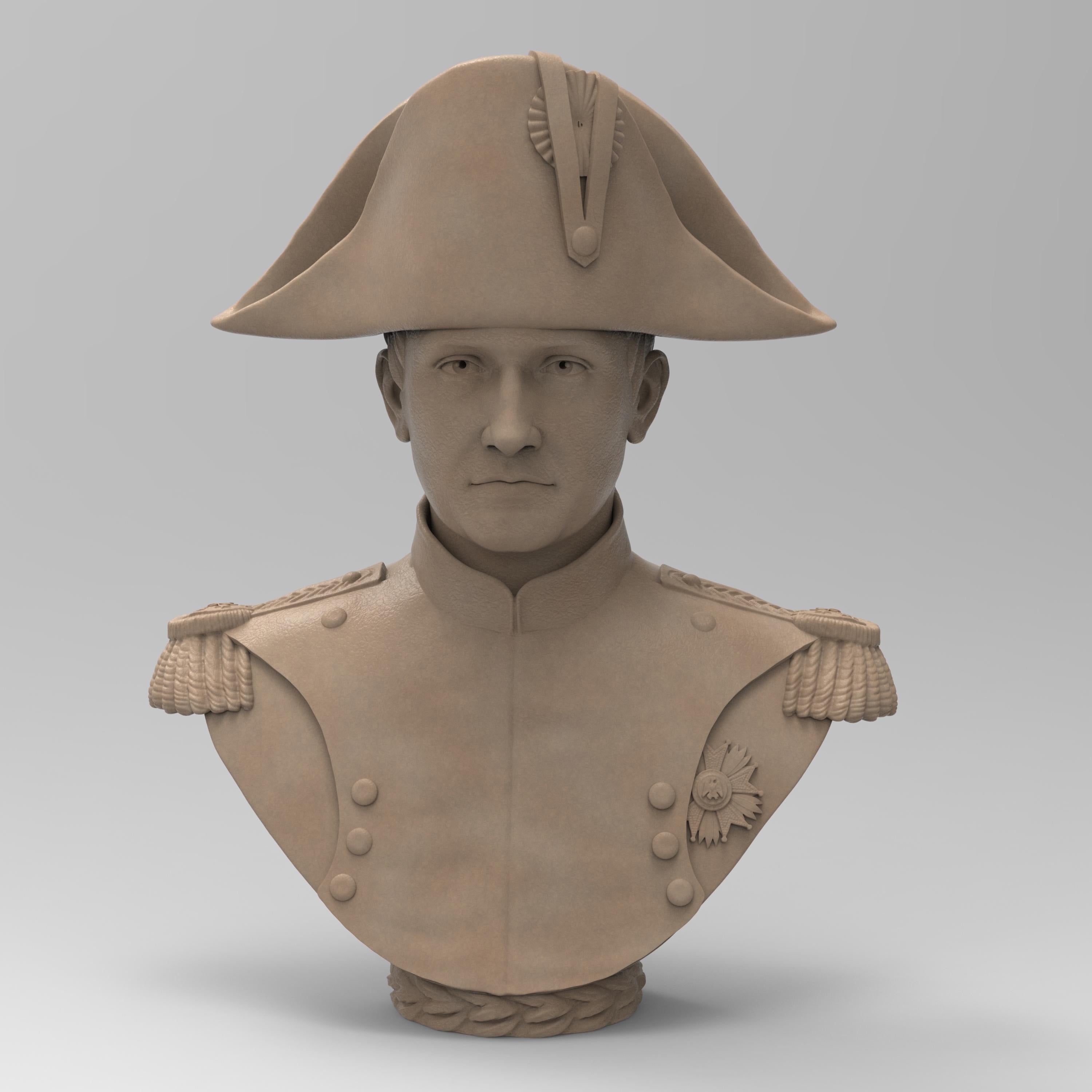 Bust of Napoleon Bonaparte wearing a bicorne hat and detailed military uniform, showcasing epaulets and a medal, set against a neutral background.