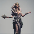 Elegant statue of Lakhesis, the Moirai. Draped in flowing robes with intricate details, a veiled face, and a majestic headdress. Symbolizing the measurer of fate, she stands with a poised and mystical presence.