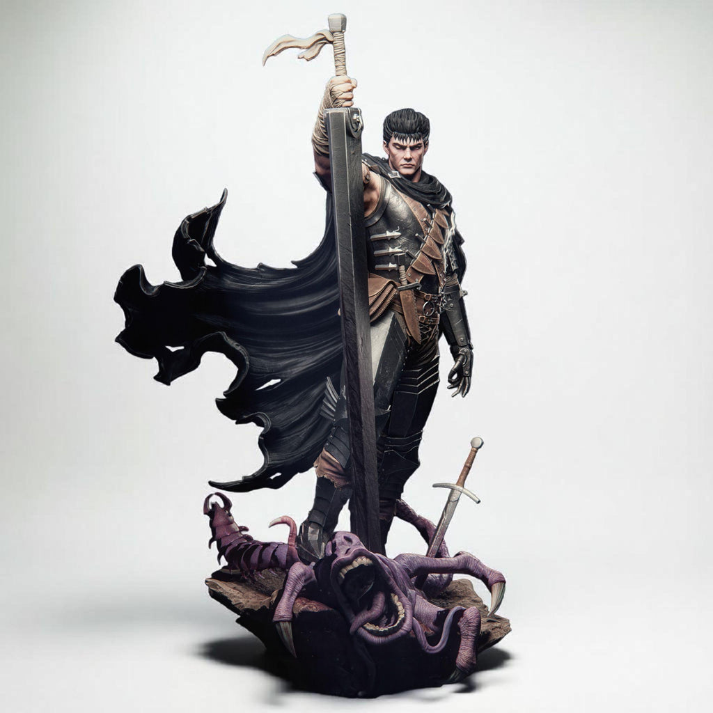 3D-printed Guts figurine featuring a fierce warrior clad in black armor, wielding an enormous sword raised high in victory. The sculpture captures a dramatic moment atop a defeated monster, with a tattered cloak flowing behind him, symbolizing power, resilience, and battle-worn determination.