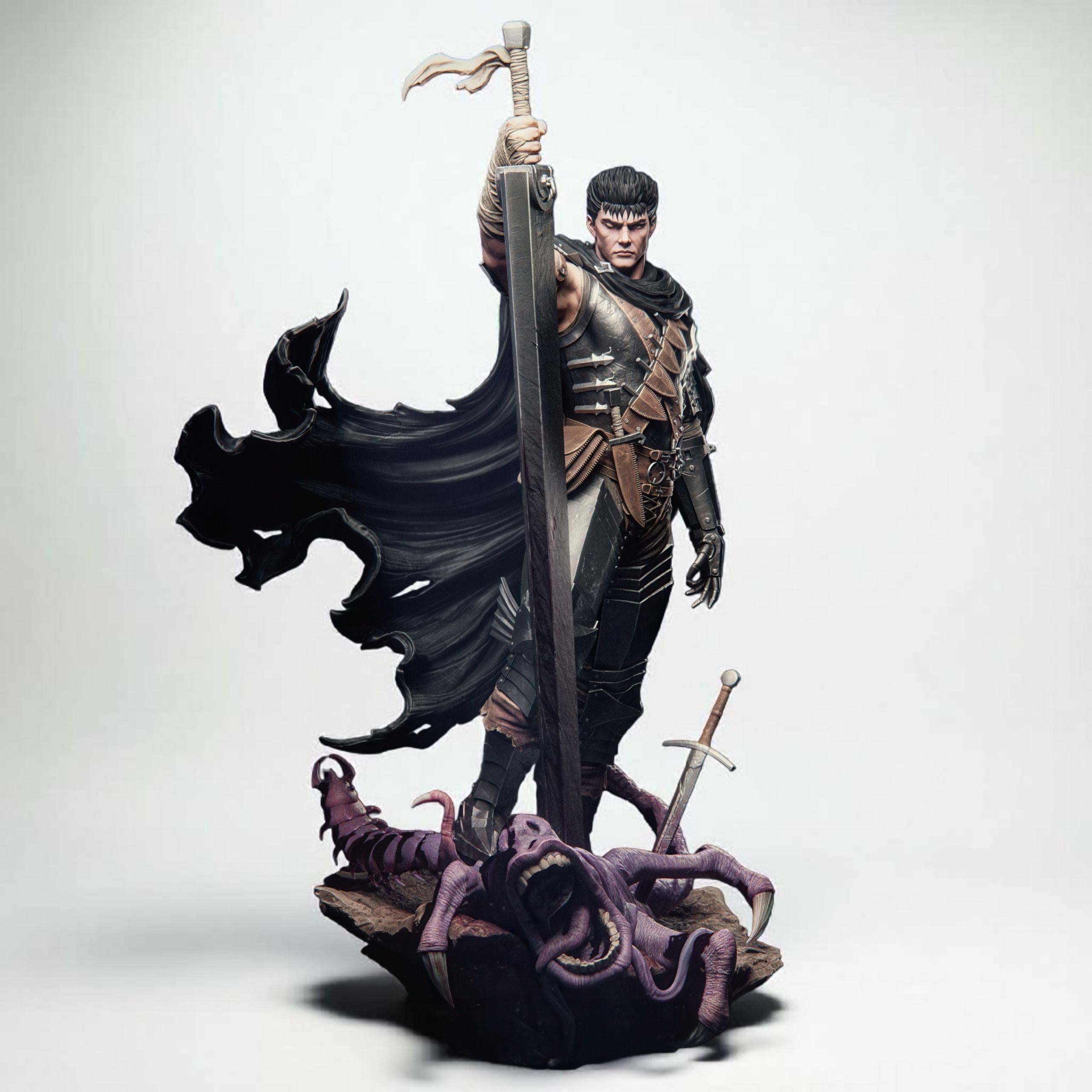 3D-printed Guts figurine featuring a fierce warrior clad in black armor, wielding an enormous sword raised high in victory. The sculpture captures a dramatic moment atop a defeated monster, with a tattered cloak flowing behind him, symbolizing power, resilience, and battle-worn determination.