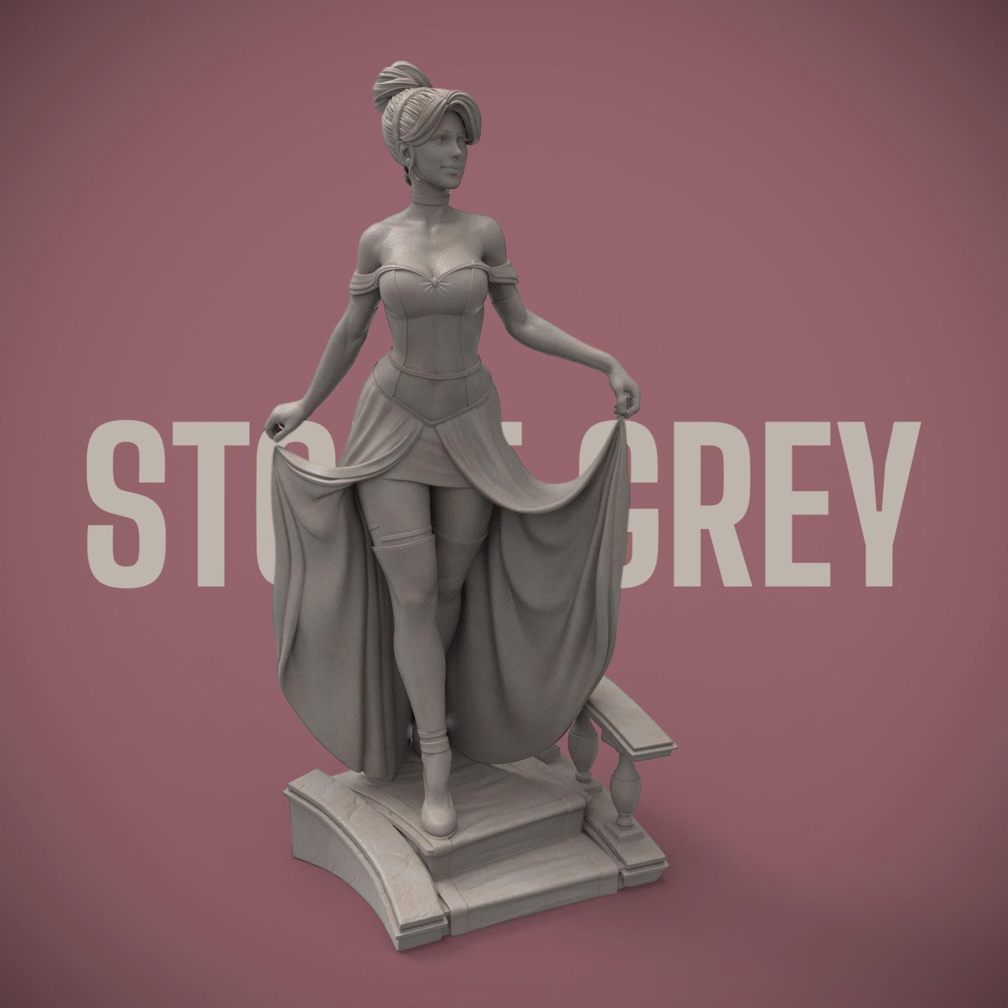 A bold reimagination of the classic princess, this stunning Elaria the Princess of Moonlight statuette blends elegance and seduction. With delicate details from her flowing dress to thigh-high stockings and glass slippers, she steps confidently down the royal stairs—one garter and lost shoe away from a fairytale twist.