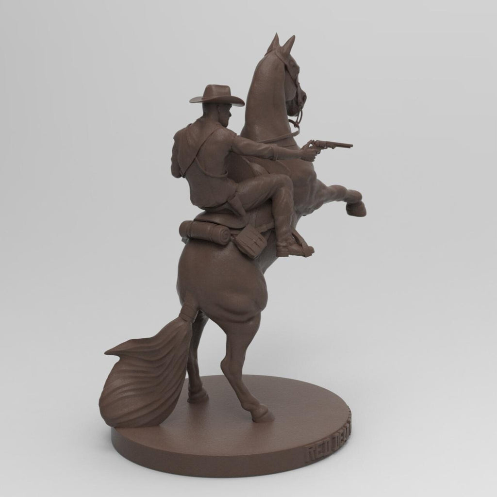 Antique wood-colored statue of The Wild West Cowboy, mounted on a rearing horse, holding a rifle, with intricate details on the base inscribed &#39;Red Dead Redemption.