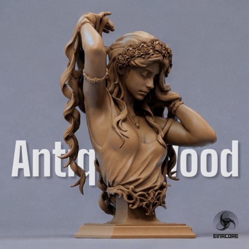 Antique wood-colored Aphrodite Bust Statuette featuring intricate details, flowing hair, floral crown, and delicate jewelry, capturing a serene and graceful pose on an ornate pedestal.