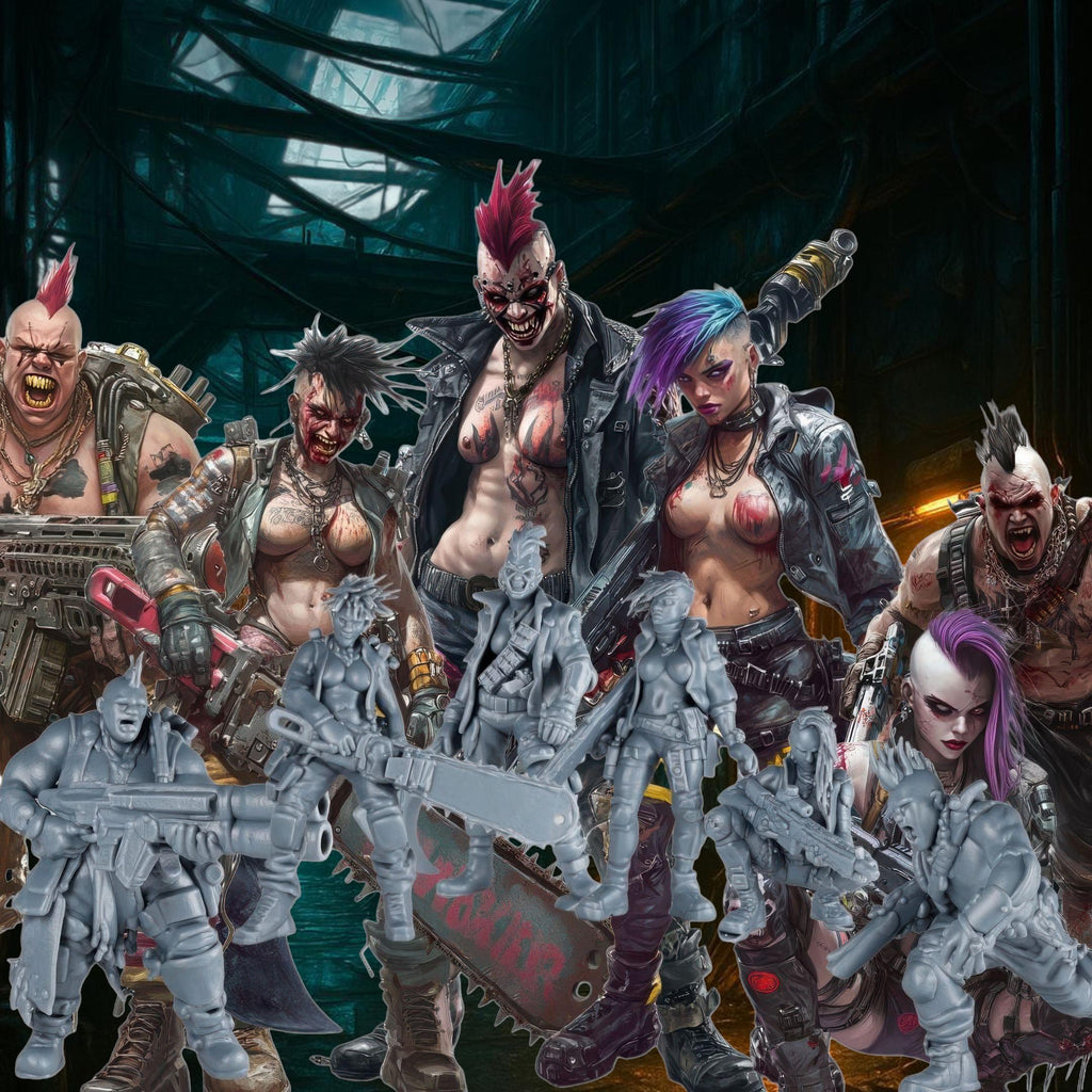 A group of six highly detailed 3D-printed miniatures representing a post-apocalyptic punk gang, featuring fierce female and male characters with mohawks, cybernetic enhancements, and heavy weaponry. The figures are designed in a gritty sci-fi style, posed for action, and intended for tabletop wargaming. The background includes the illustrated gang members in a dark, dystopian alleyway, reinforcing the futuristic and rebellious aesthetic of the Fornax Indus universe.