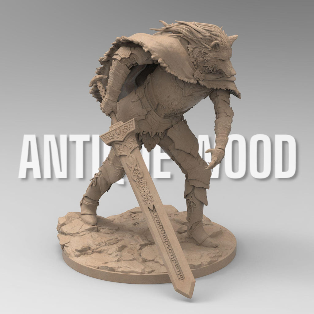 3D-printed figure of Blaidd from Elden Ring, capturing his wolf-like features and imposing armor. Standing tall with a fierce expression, this statue embodies the half-wolf warrior's noble and loyal nature, sword drawn and ready for battle.