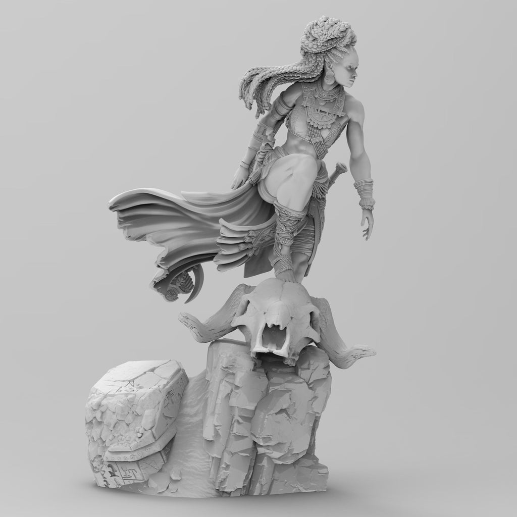 Elzebe, the Warrior Queen, stands atop a rocky skull, exuding strength and regality. Clad in intricate armor, her braided hair flows as she surveys the battlefield. A fierce leader, she embodies resilience and power, a true queen of war and legend.