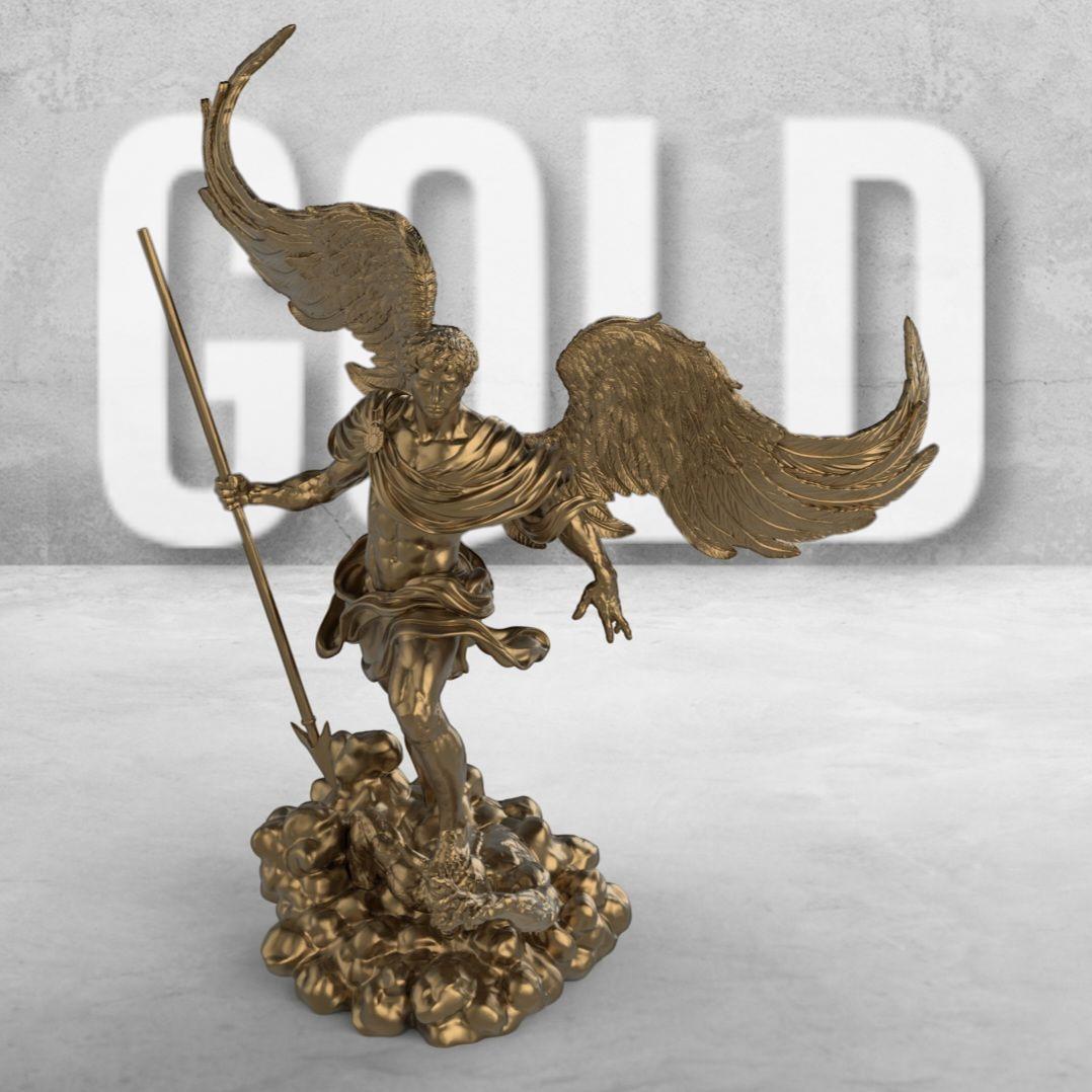 Statue of Archangel with large wings, standing over a defeated demon. Holding a spear, he wears a flowing robe. The base has swirling clouds, symbolizing divinity. Available in multiple finishes.