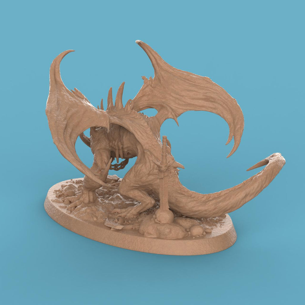 3D-printed statuette of a demonic dragon-like creature titled Hell Spawned Brood Attack. The beast crouches low on a rocky base, its body covered in spines and ridges with a menacing snarl. Large, bat-like wings arch upward, framing its muscular form, while twisted horns and sharp claws emphasize its ferocity. The detailed base includes scattered rocks, a skull, and a broken weapon, adding to the dark, infernal atmosphere.