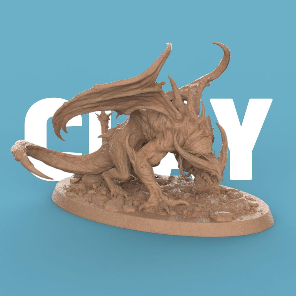 3D-printed statuette of a demonic dragon-like creature titled Hell Spawned Brood Attack. The beast crouches low on a rocky base, its body covered in spines and ridges with a menacing snarl. Large, bat-like wings arch upward, framing its muscular form, while twisted horns and sharp claws emphasize its ferocity. The detailed base includes scattered rocks, a skull, and a broken weapon, adding to the dark, infernal atmosphere.