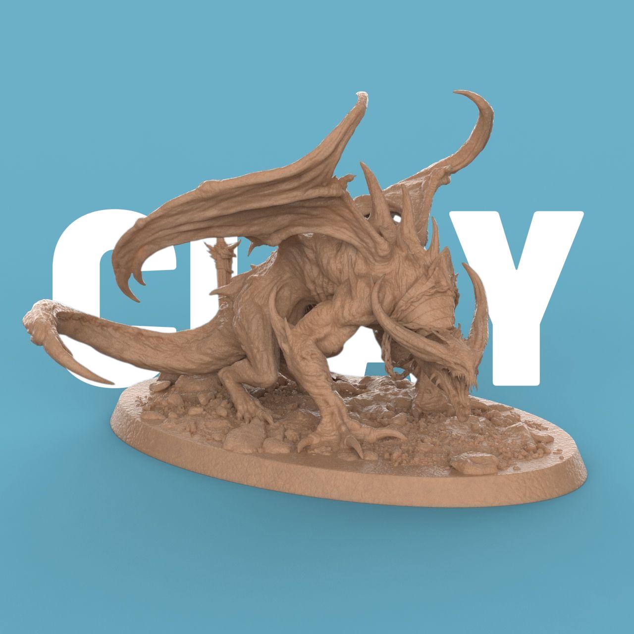 3D-printed statuette of a demonic dragon-like creature titled Hell Spawned Brood Attack. The beast crouches low on a rocky base, its body covered in spines and ridges with a menacing snarl. Large, bat-like wings arch upward, framing its muscular form, while twisted horns and sharp claws emphasize its ferocity. The detailed base includes scattered rocks, a skull, and a broken weapon, adding to the dark, infernal atmosphere.