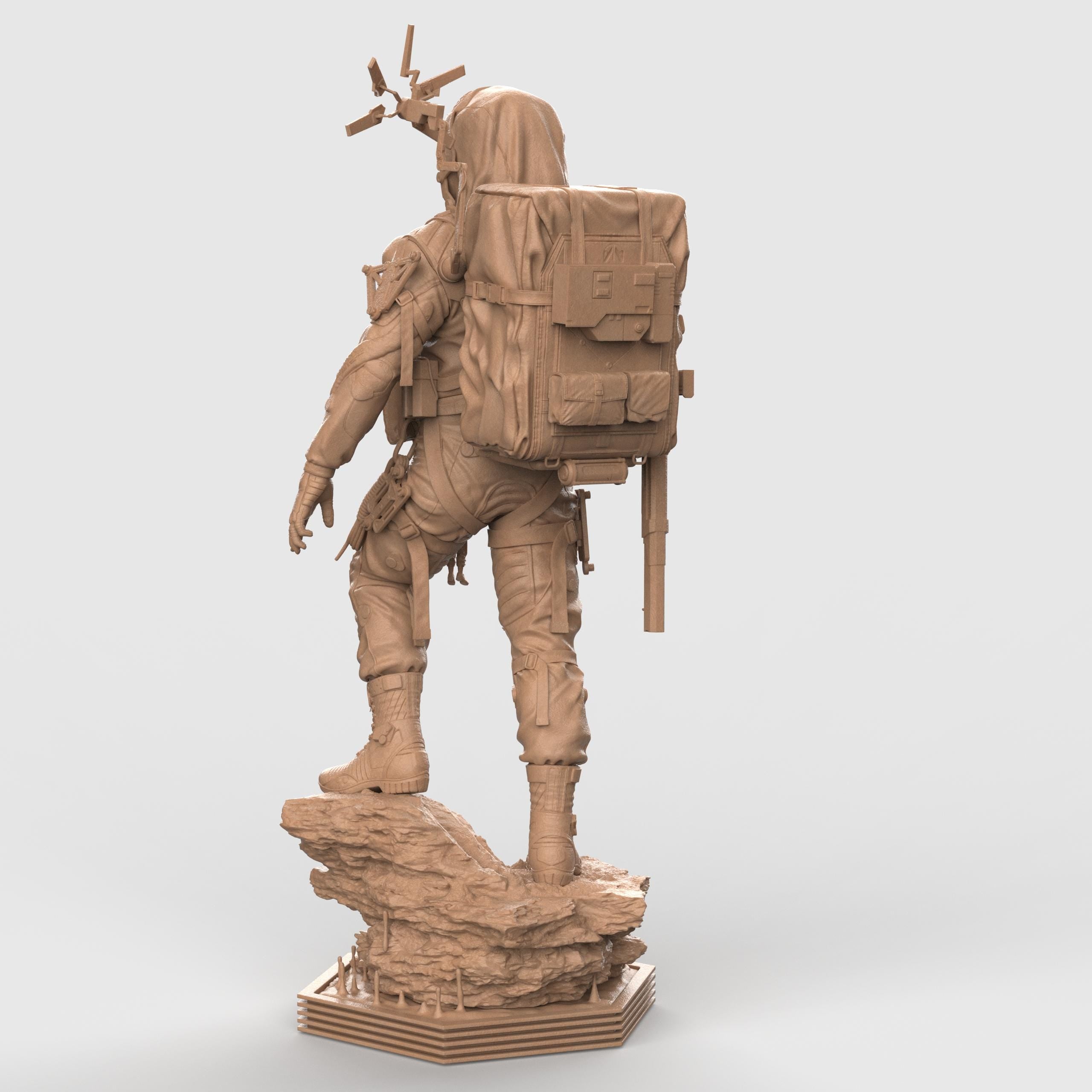 Delivery Man figurine depicting a rugged adventurer in detailed gear carrying supplies and equipment, standing firmly on a rocky base, available as an unpainted resin model.