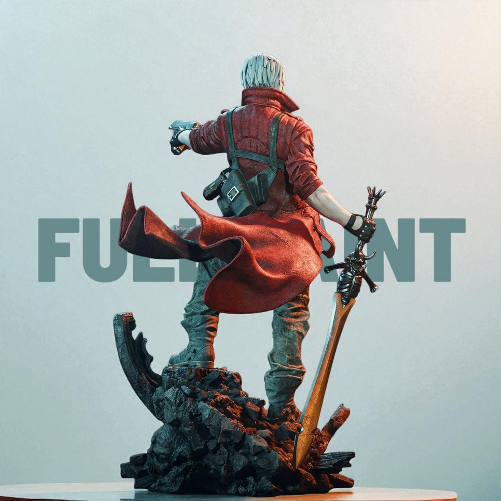 Dante figurine posed dynamically on rocky terrain, wearing a flowing red coat and holding a pistol aimed forward, with detailed sculpting and painted finish.