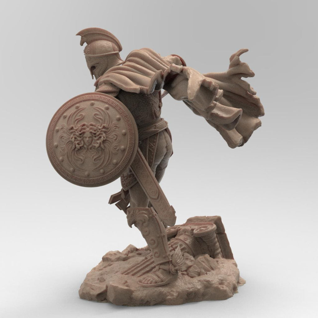 Detailed 3D-printed statue of Perseus in dynamic battle pose, holding a sword and shield, wearing intricately designed armor and a flowing cape, standing on a base with broken columns and rubble.