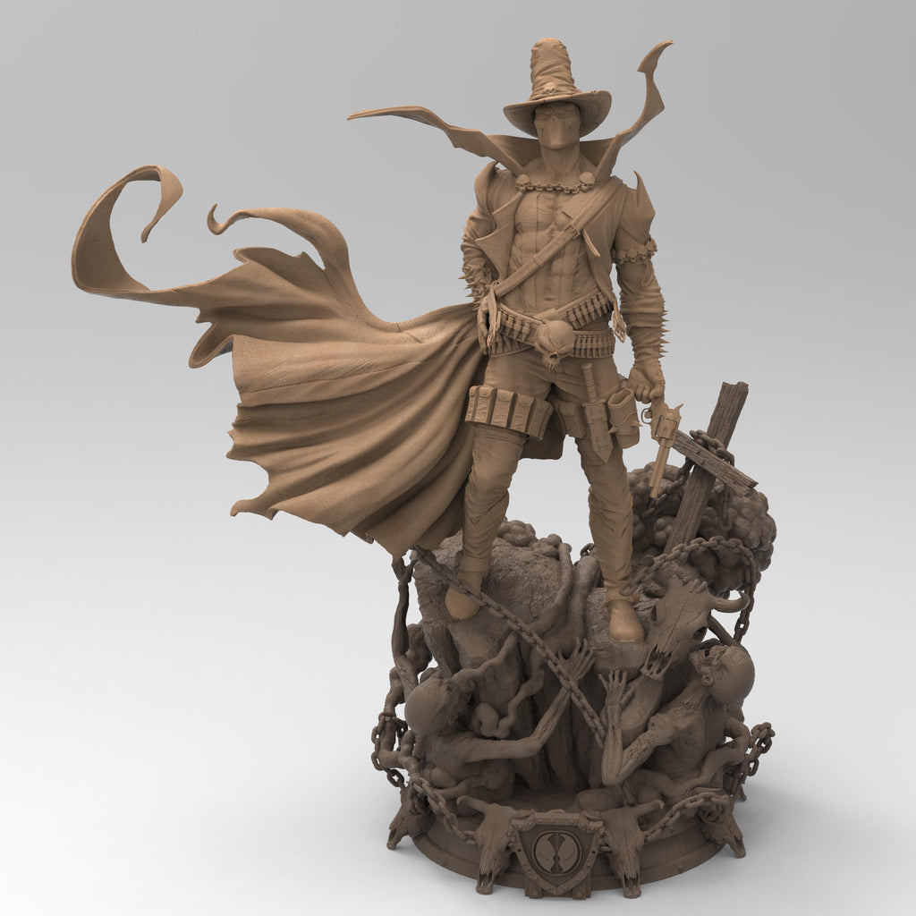 Gunslinger Spawn statue in a dynamic pose, wielding twin pistols with a flowing cape and spiked armor. Stands atop a detailed battlefield with chains and skulls, capturing the dark, gritty essence of the character.